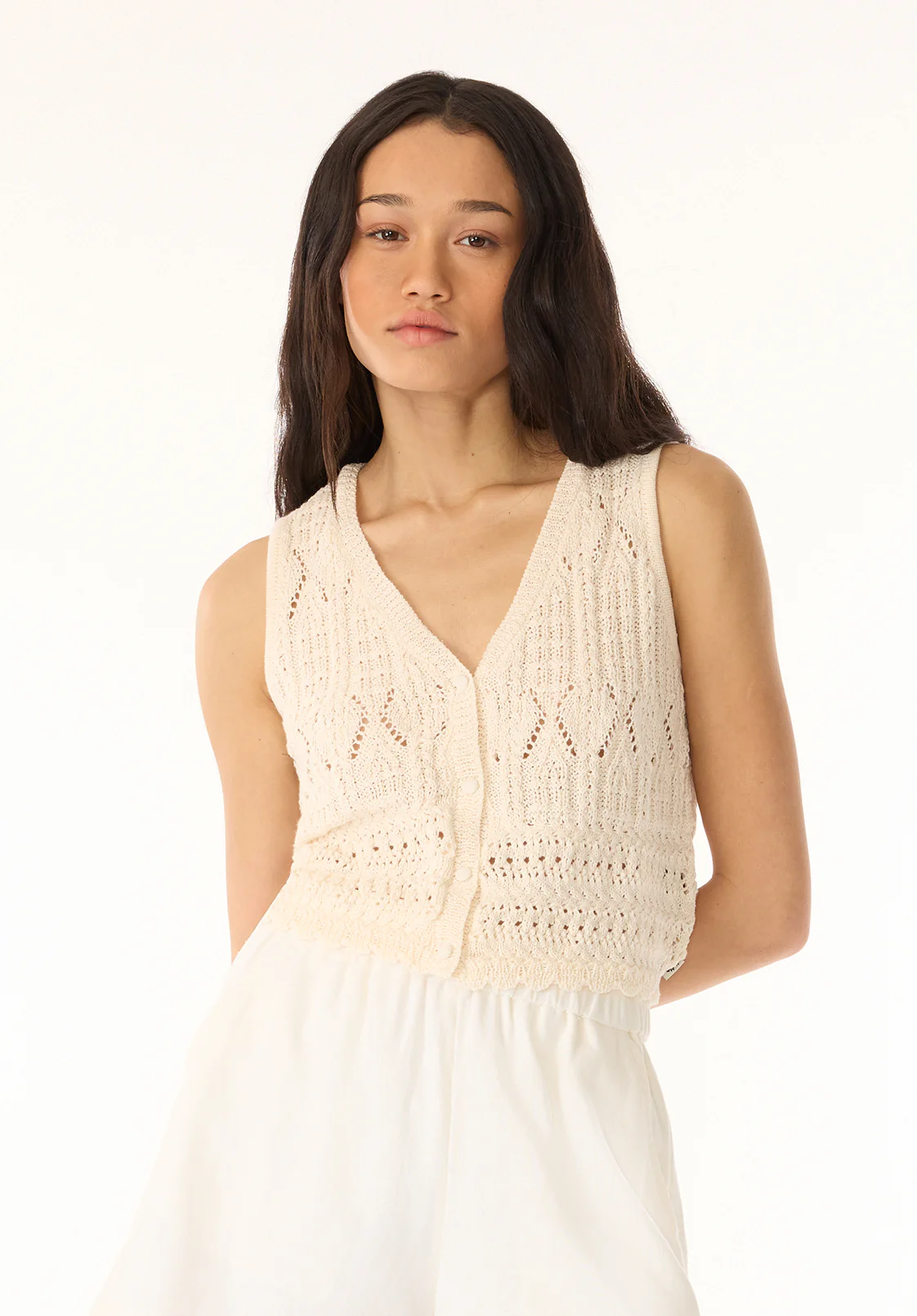 Merrybell Women's Pointelle Knit Vest with Button-Down Front, Egret - SW0114P - Image 4