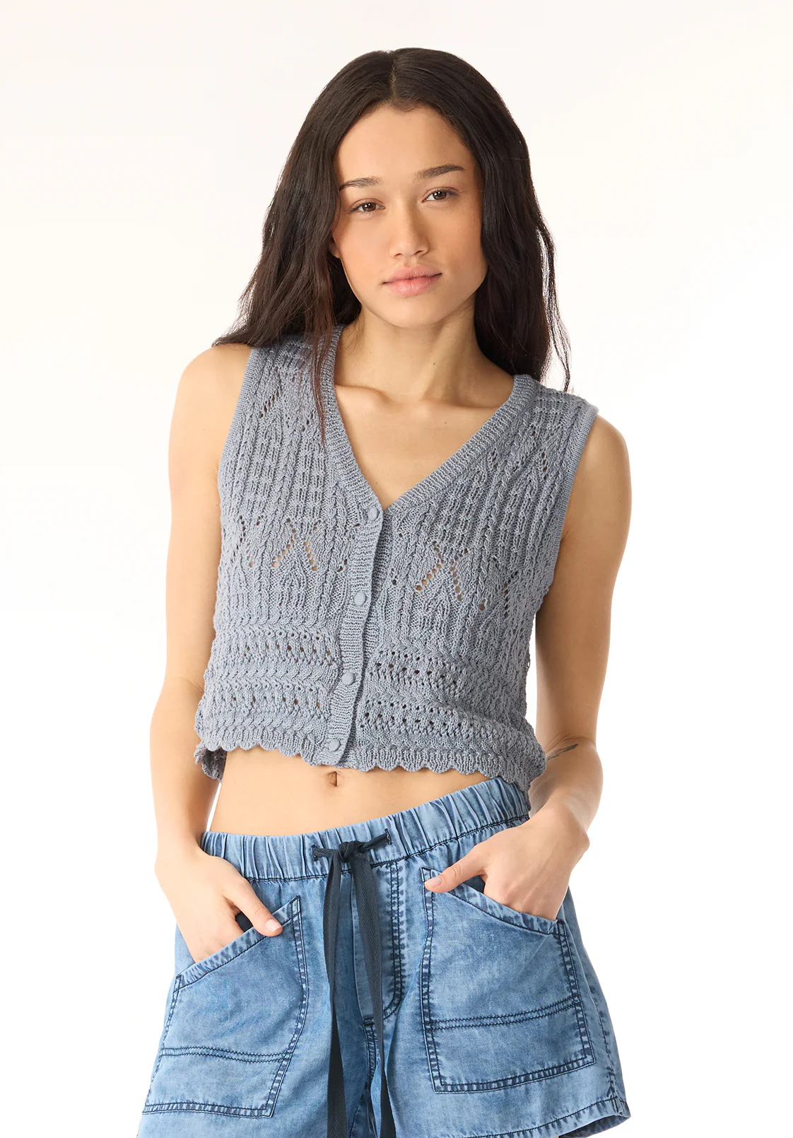 Merrybell Women's Pointelle Knit Vest with Button-Down Front, Bleached Navy - SW0114P - Image 2