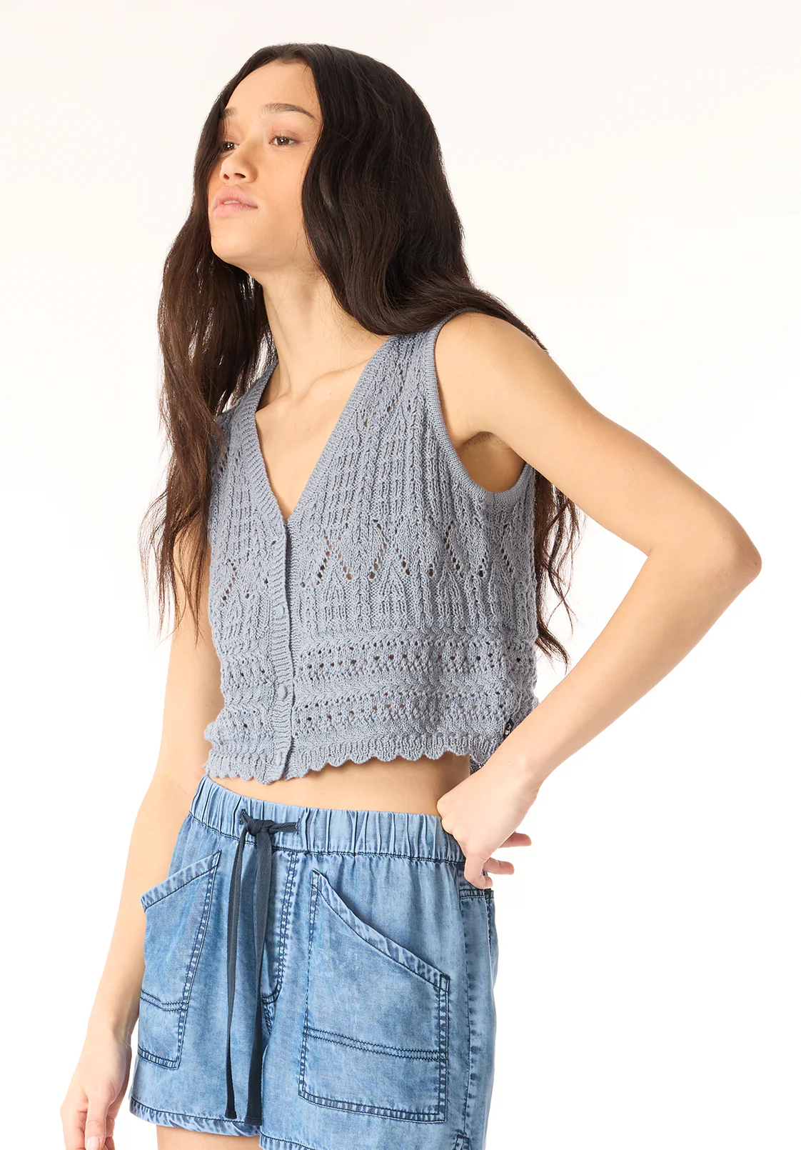 Merrybell Women's Pointelle Knit Vest with Button-Down Front, Bleached Navy - SW0114P - Image 3