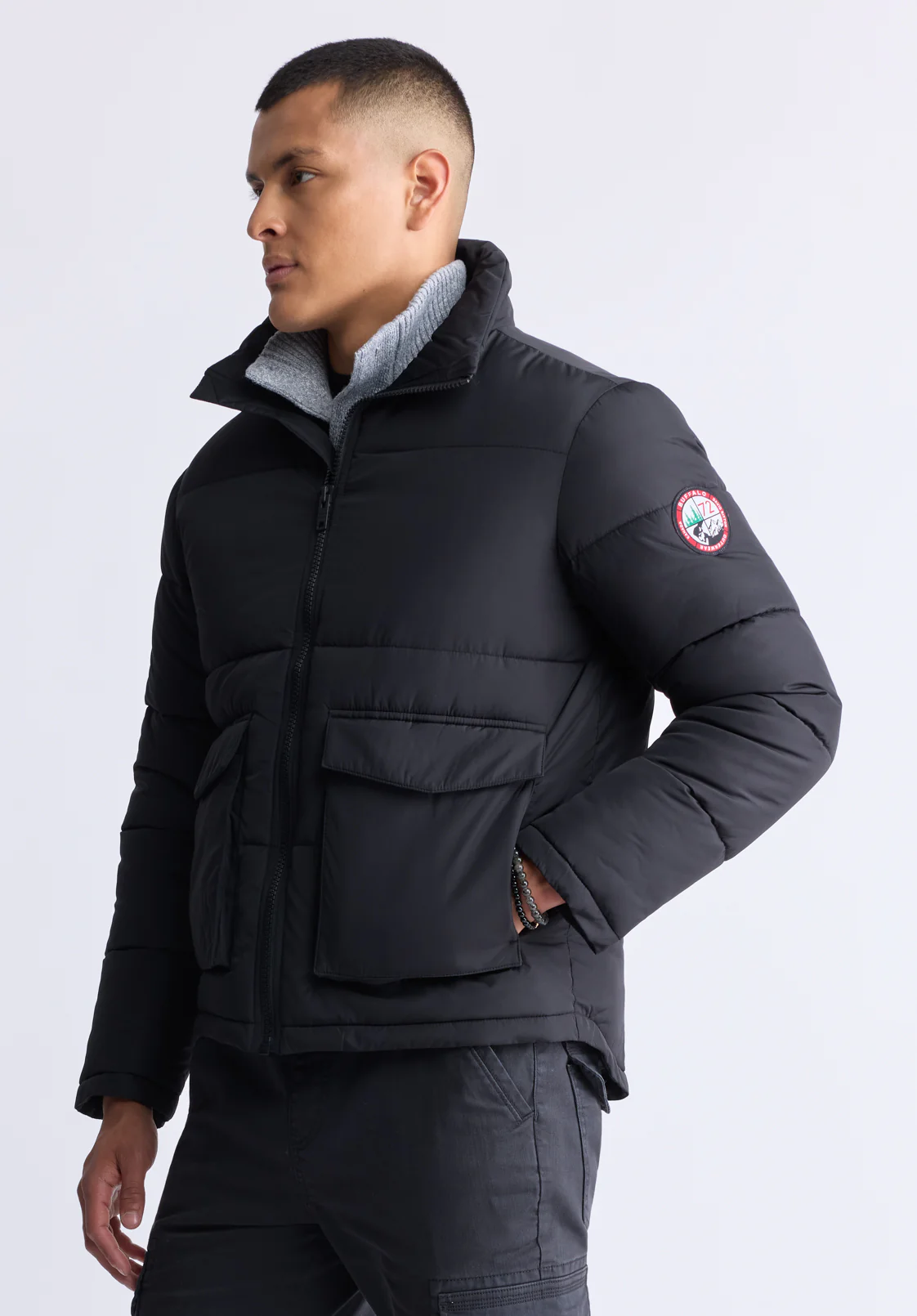 Nate Men’s Zip-up Puffer Jacket with Large Front Pockets, Black - OBMFE001 - Image 2