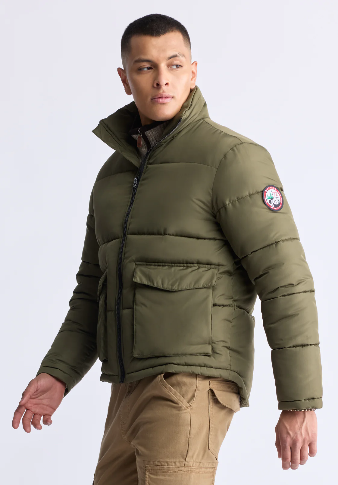Nate Men’s Zip-up Puffer Jacket with Large Front Pockets, Army Green - OBMFE001 - Image 2