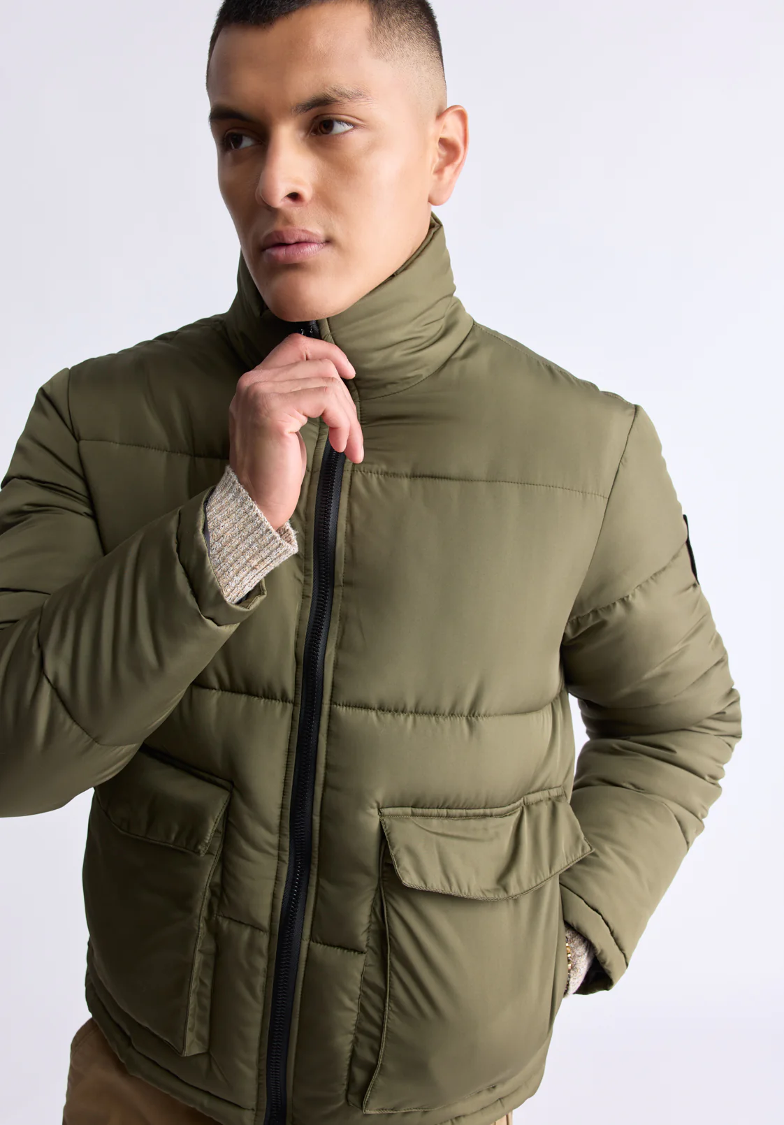 Nate Men’s Zip-up Puffer Jacket with Large Front Pockets, Army Green - OBMFE001 - Image 3