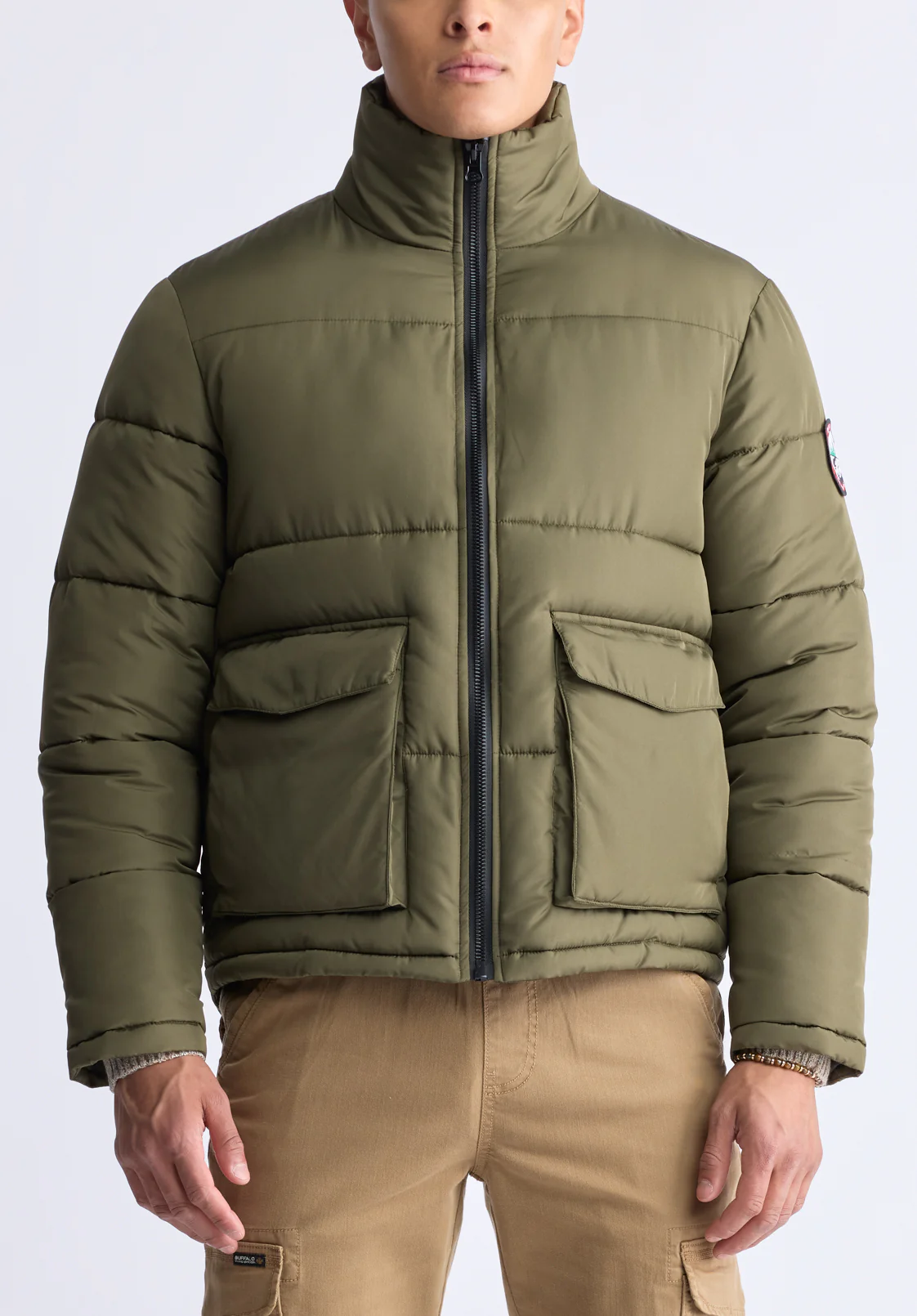 Nate Men’s Zip-up Puffer Jacket with Large Front Pockets, Army Green - OBMFE001 - Image 4