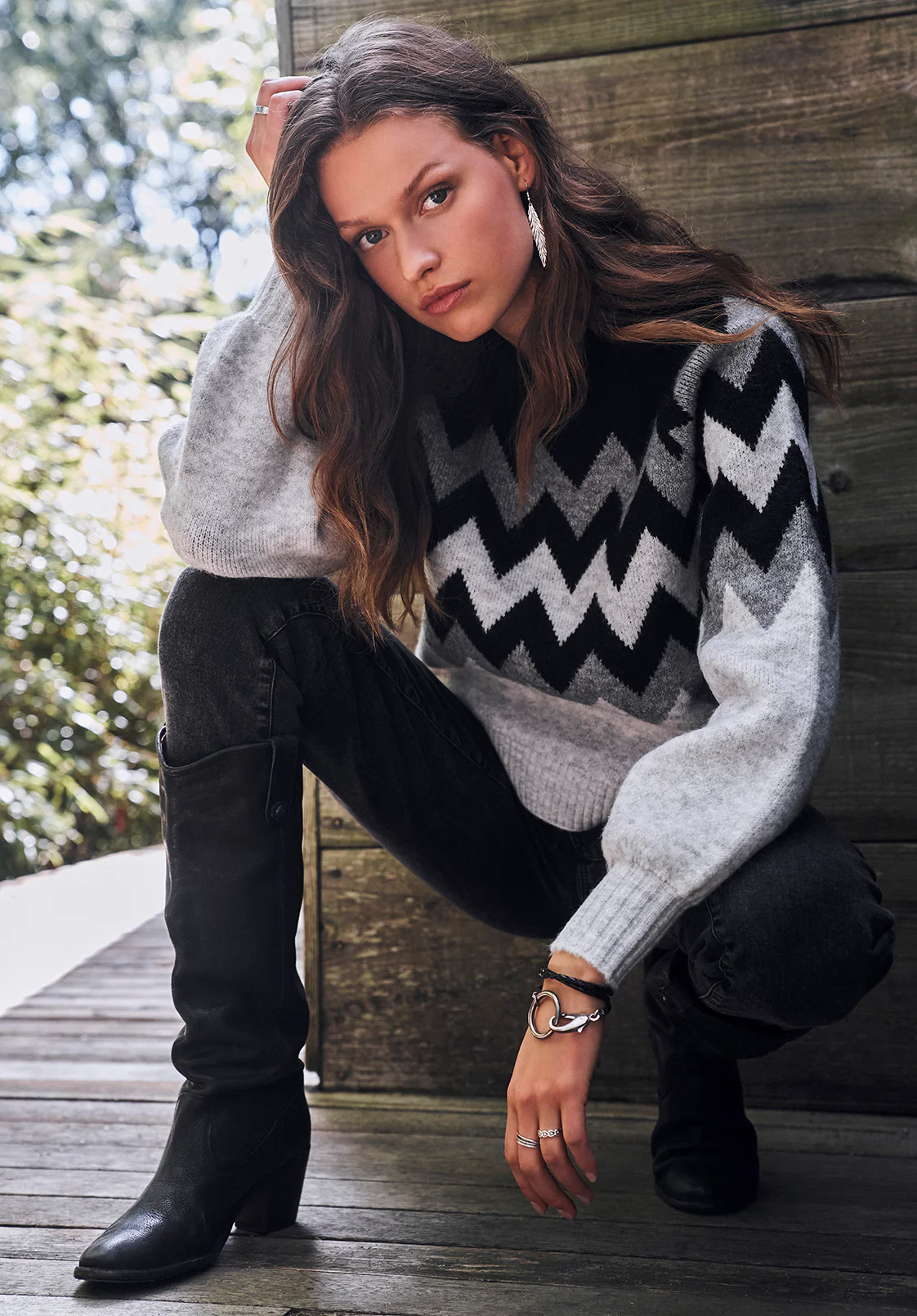 Nerissa Women's Crewneck Sweater in Black & Grey Chevron Print - SW0023F - Image 3