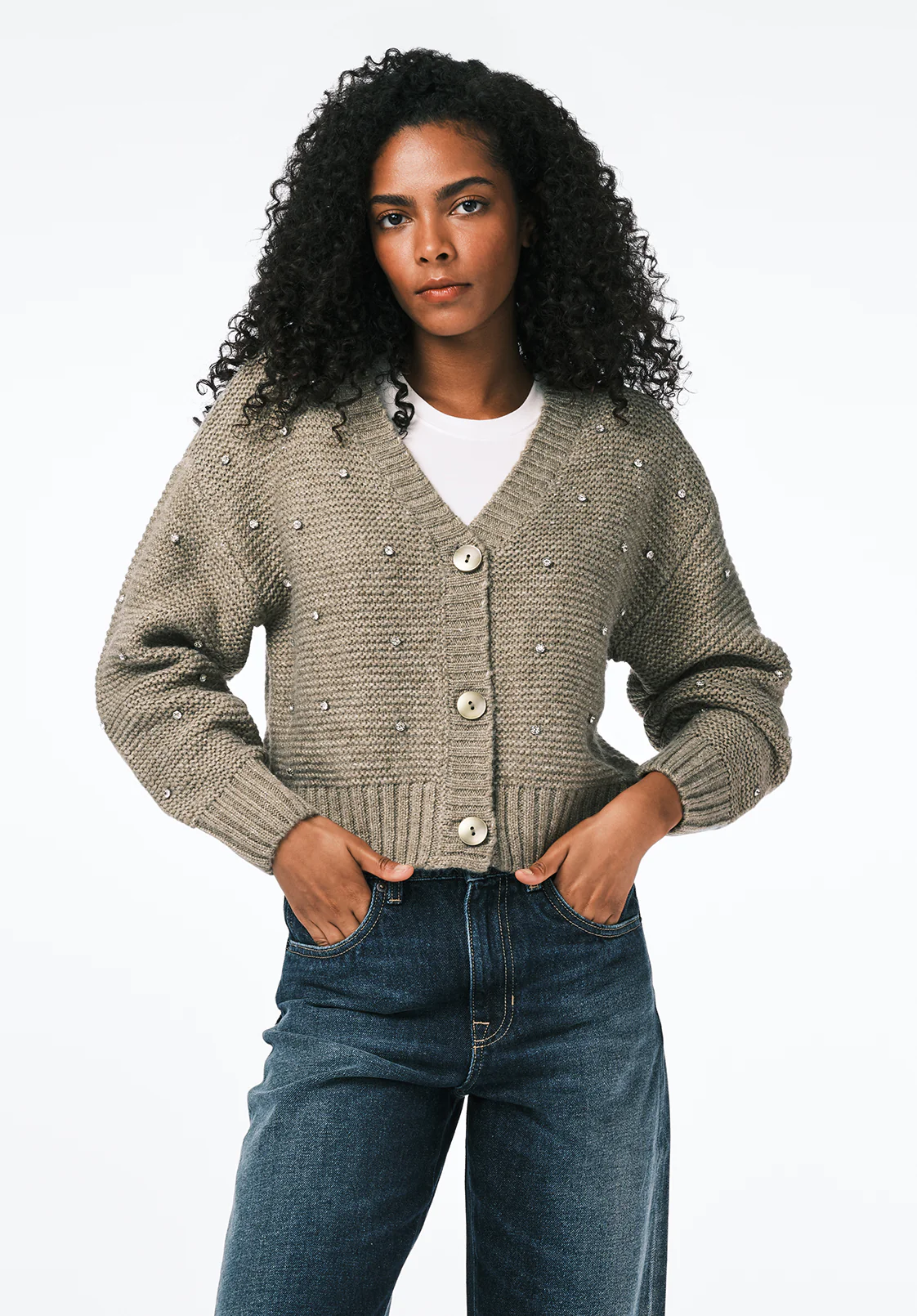 Odilia Women's Embellished Knit Button-Up Cardigan, Dk Green - SW0163 - Image 2