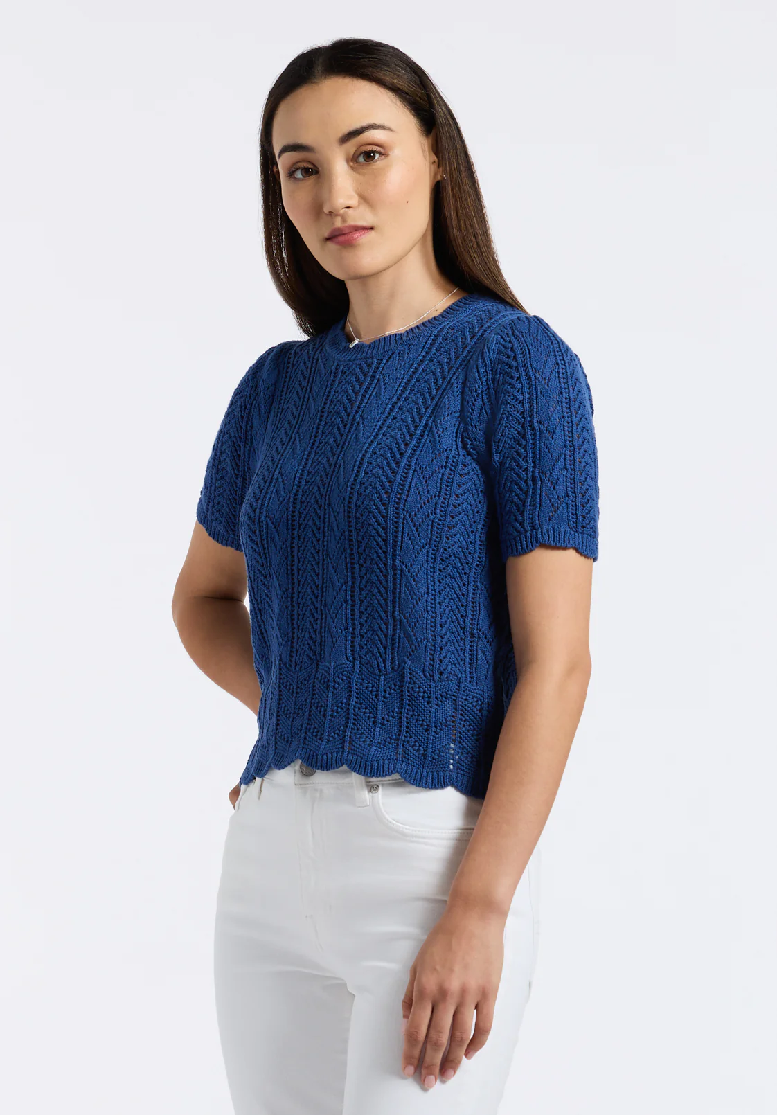 Posey Women's Short-Sleeve Crochet Knit Sweater Top, Navy - SW0108P - Image 3