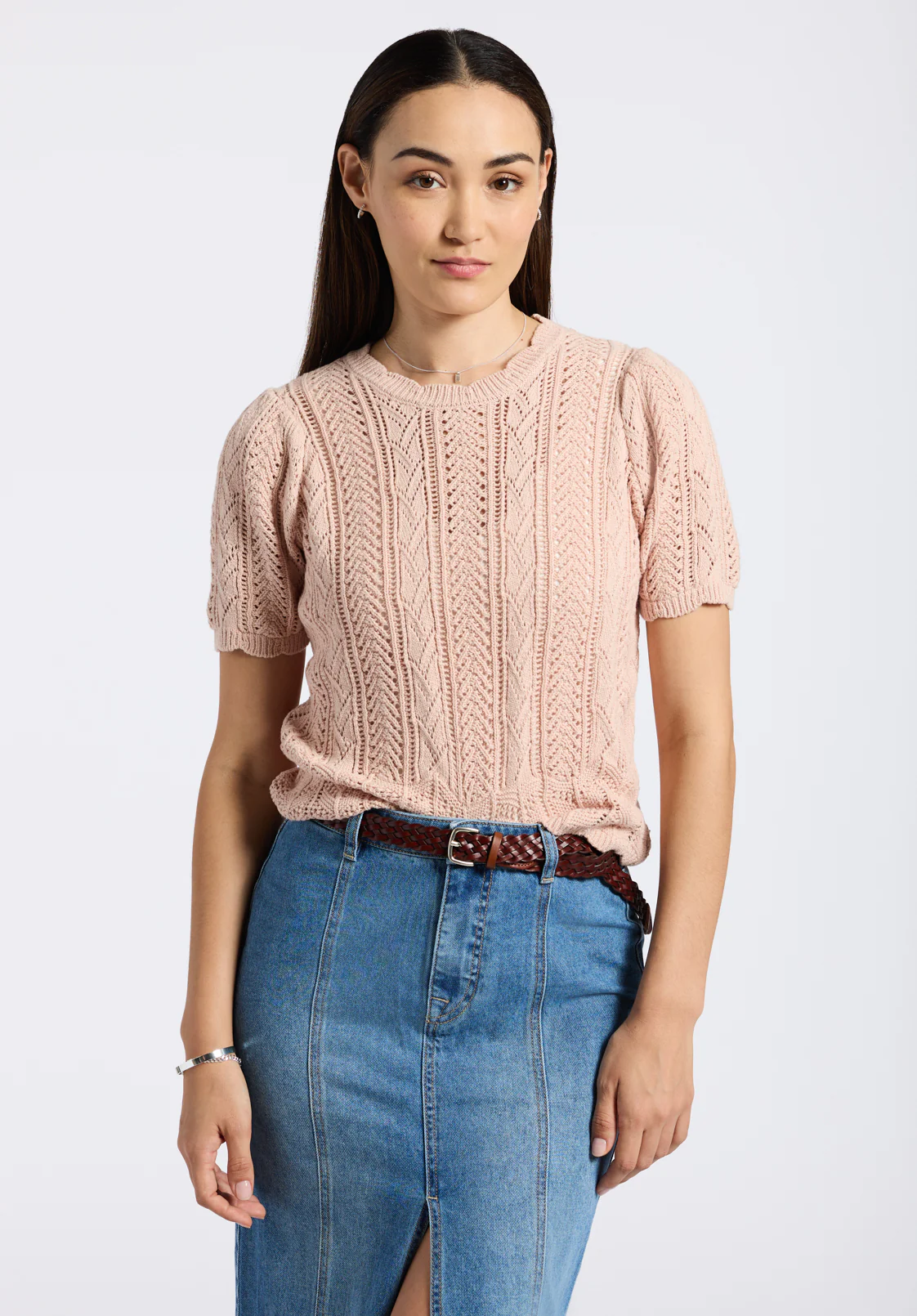 Posey Women's Short-Sleeve Crochet Knit Sweater Top, Cameo Rose - SW0108P - Image 2