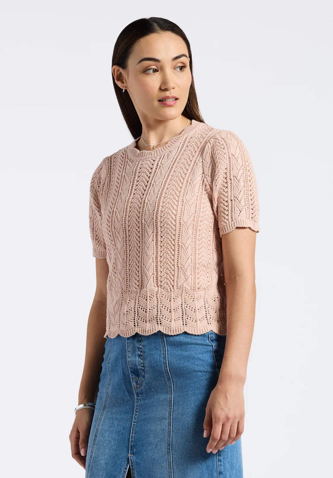 Posey Women's Short-Sleeve Crochet Knit Sweater Top, Cameo Rose - SW0108P - Image 3
