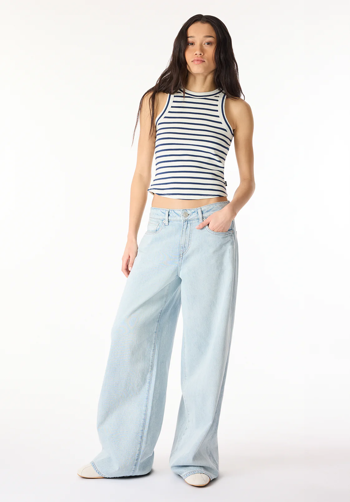 Regine Women's Ribbed Striped Tank Top, White & Navy - KT0175P