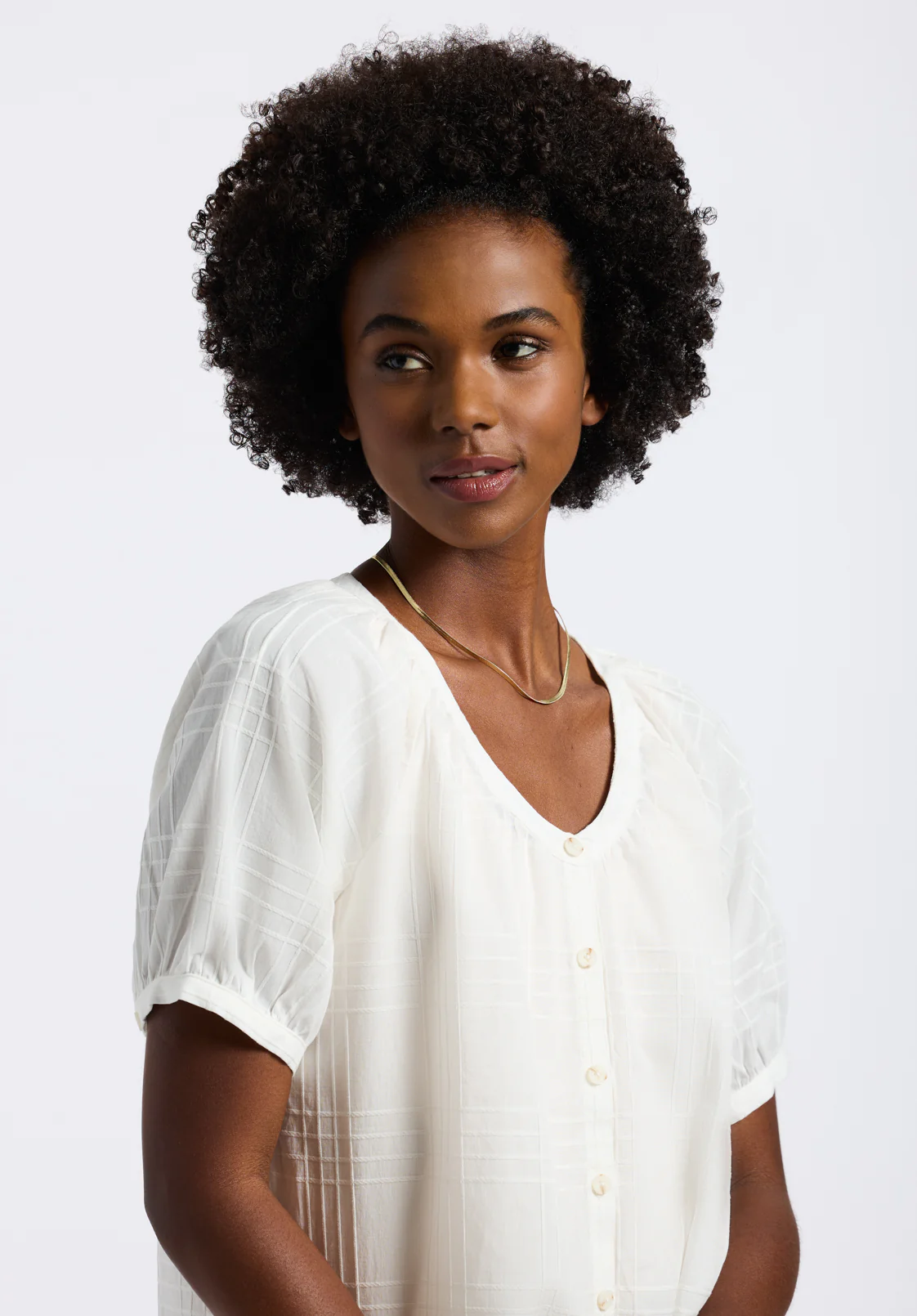 Saarik Women's Textured Plaid Button-Down Blouse with Puff Sleeves and Relaxed Fit, White - WT0153P - Image 3
