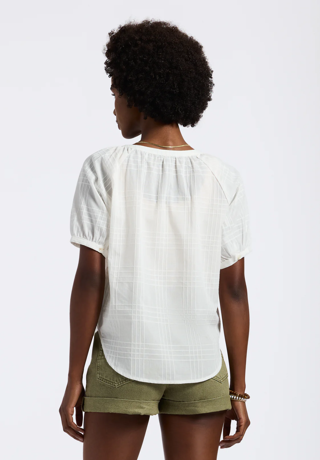 Saarik Women's Textured Plaid Button-Down Blouse with Puff Sleeves and Relaxed Fit, White - WT0153P - Image 4