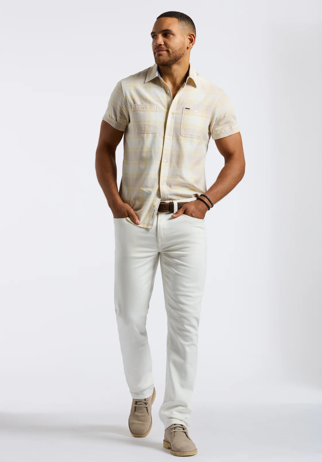 Sagrino Men's Short-Sleeve Plaid Fitted Shirt with Chest Pockets, Milk - BM24553
