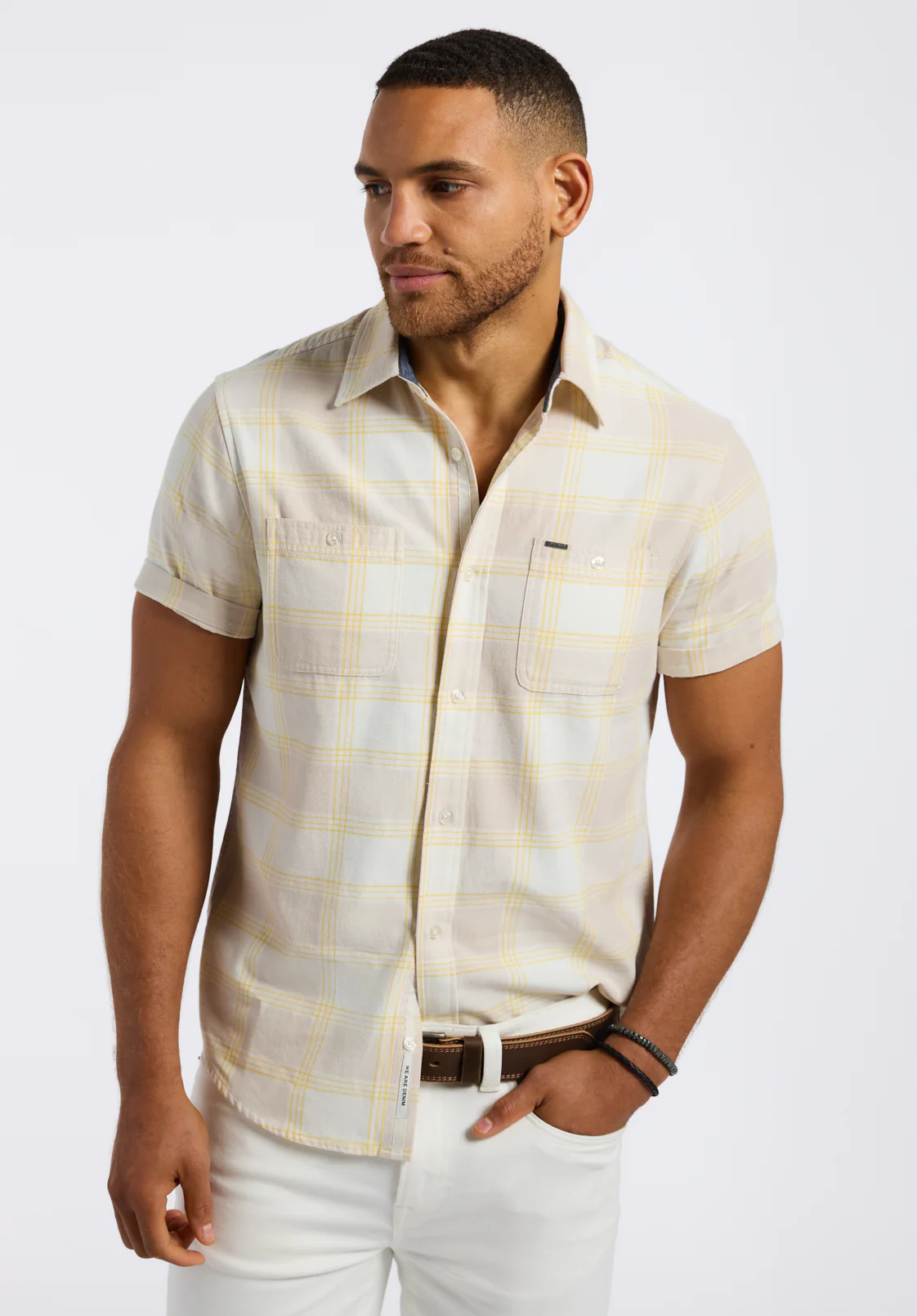 Sagrino Men's Short-Sleeve Plaid Fitted Shirt with Chest Pockets, Milk - BM24553 - Image 2