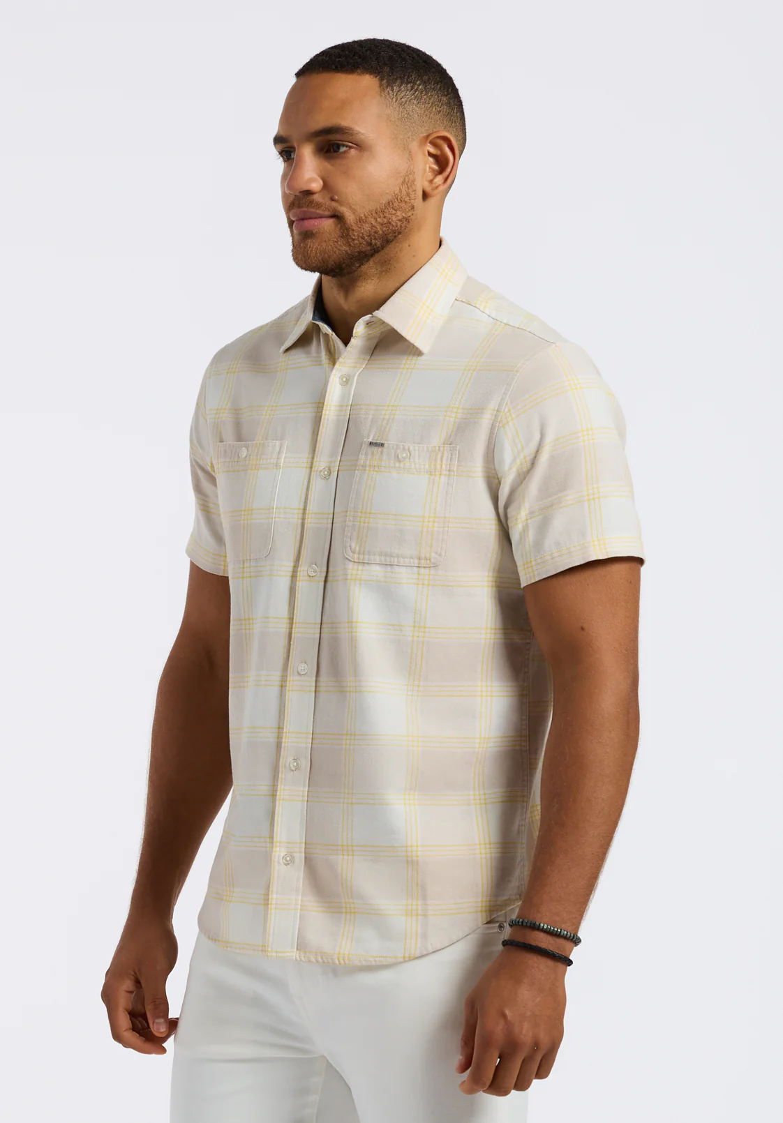Sagrino Men's Short-Sleeve Plaid Fitted Shirt with Chest Pockets, Milk - BM24553 - Image 3