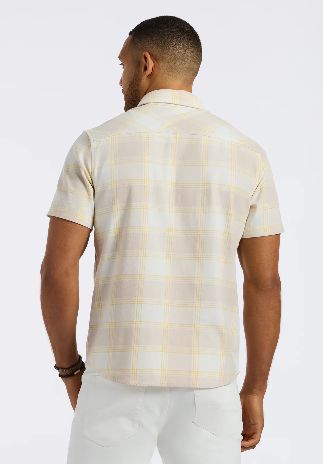 Sagrino Men's Short-Sleeve Plaid Fitted Shirt with Chest Pockets, Milk - BM24553 - Image 4