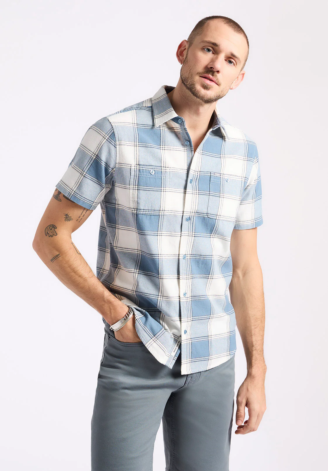 Sagrino Men's Short-Sleeve Plaid Fitted Shirt, Mirage Blue - BM24553 - Image 3