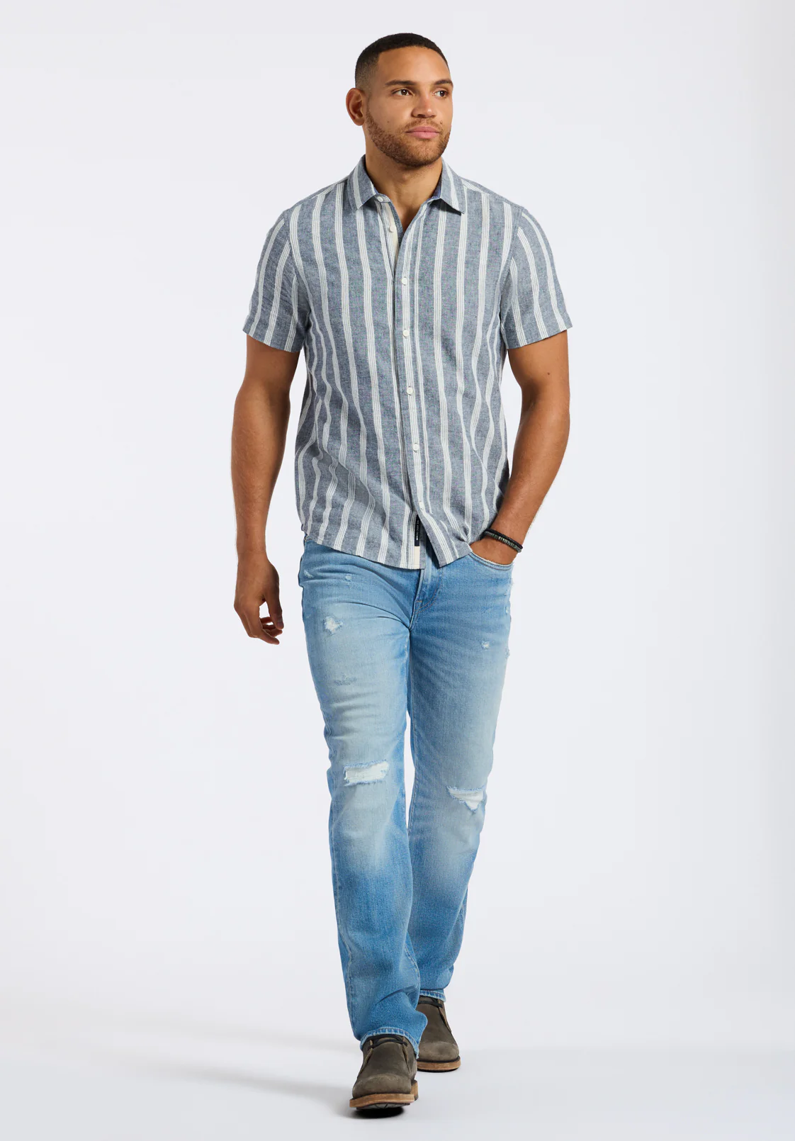 Sagrino Men's Short-Sleeve Striped Fitted Shirt, Whale - BM24564