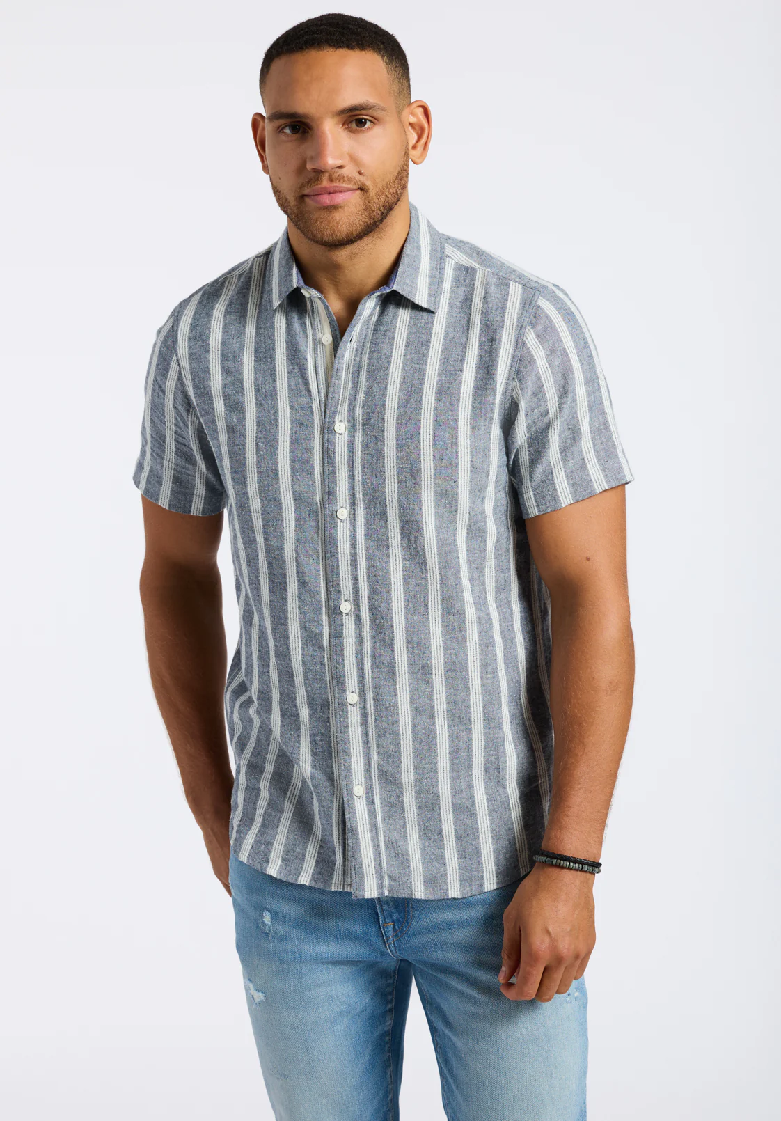 Sagrino Men's Short-Sleeve Striped Fitted Shirt, Whale - BM24564 - Image 2