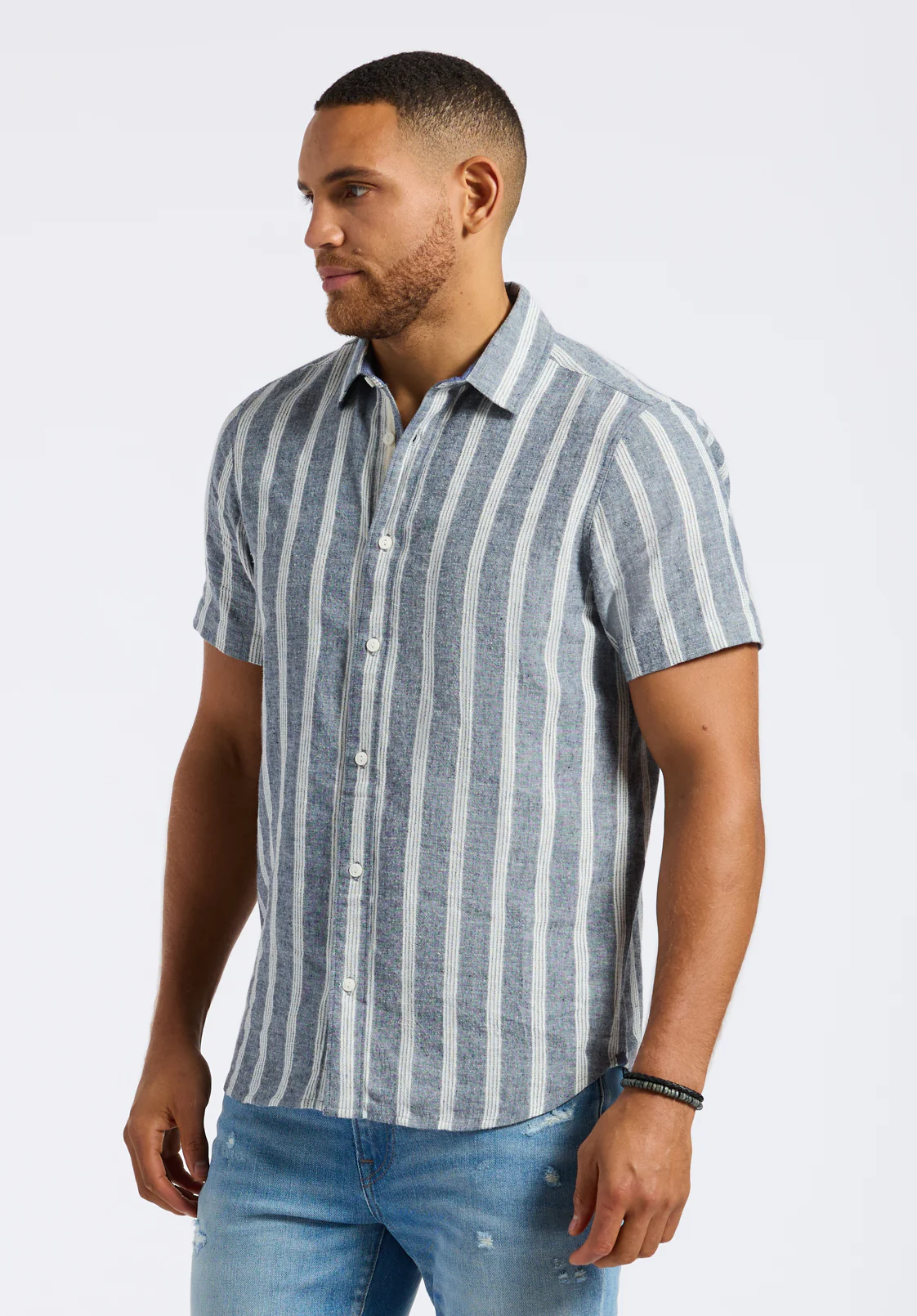 Sagrino Men's Short-Sleeve Striped Fitted Shirt, Whale - BM24564 - Image 3