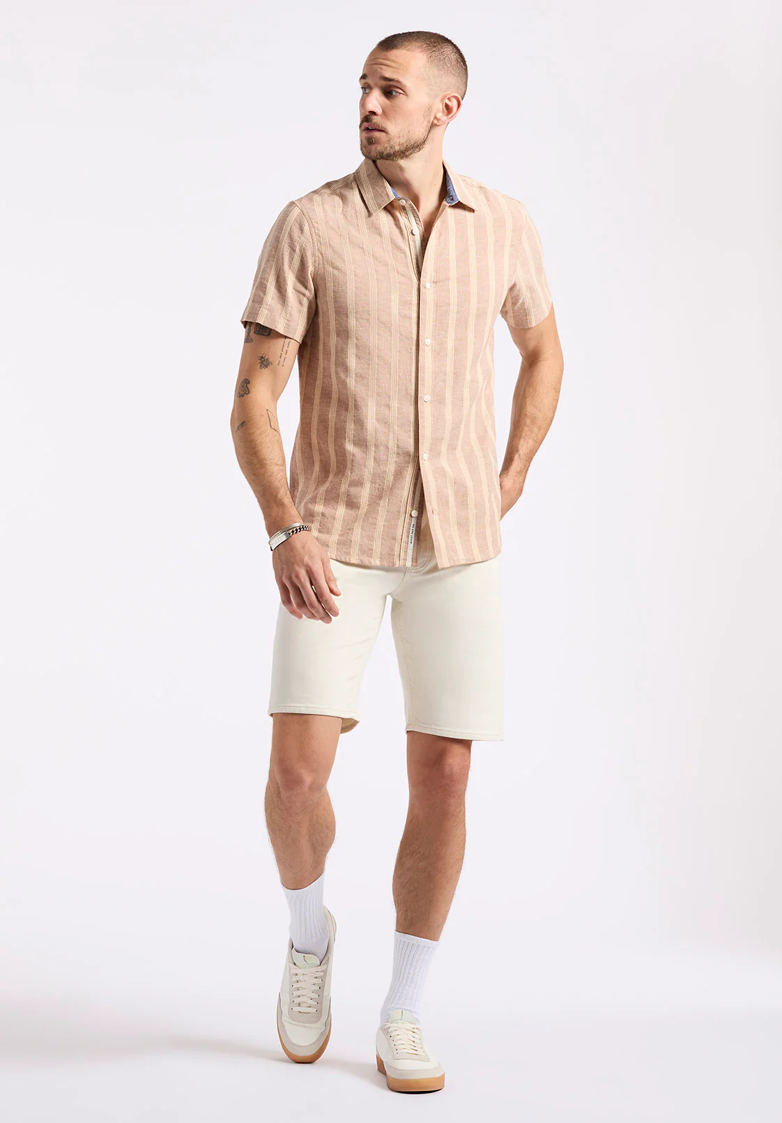 Sagrino Men's Short-Sleeve Striped Fitted Shirt, Woodsmoke Beige - BM24564