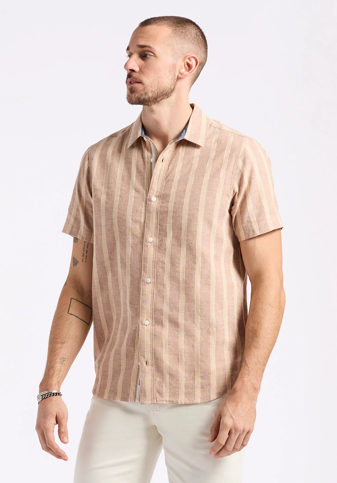 Sagrino Men's Short-Sleeve Striped Fitted Shirt, Woodsmoke Beige - BM24564 - Image 3