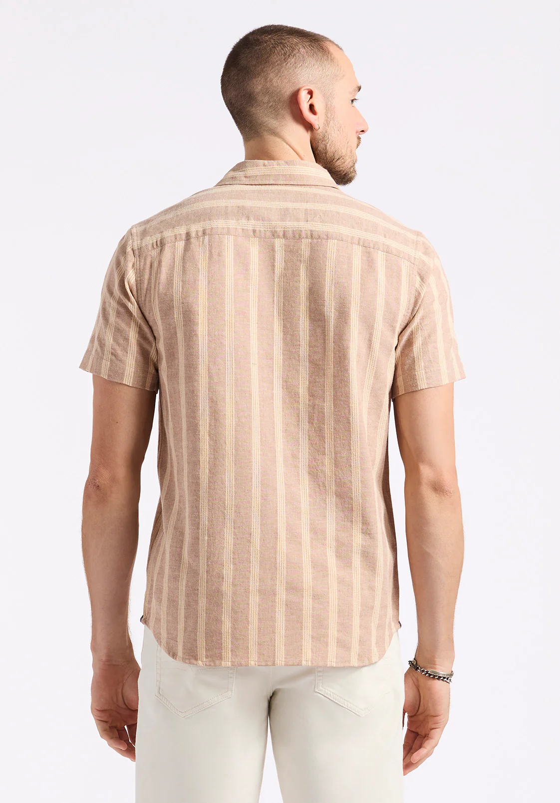 Sagrino Men's Short-Sleeve Striped Fitted Shirt, Woodsmoke Beige - BM24564 - Image 4