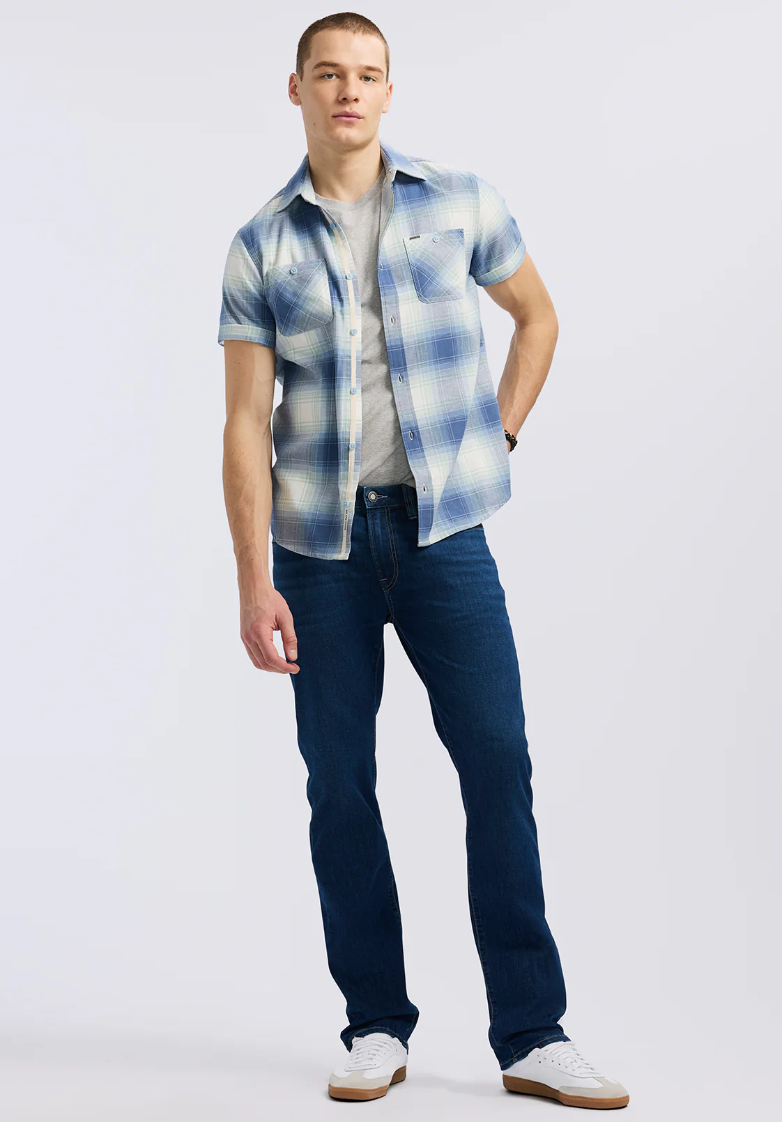 Sagrino Men's Short-Sleeve Plaid Fitted Shirt, Moonlight Blue - BM24618