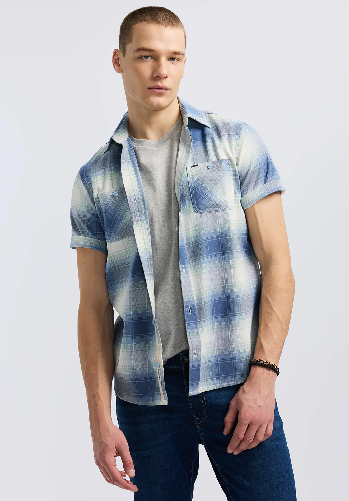 Sagrino Men's Short-Sleeve Plaid Fitted Shirt, Moonlight Blue - BM24618 - Image 2