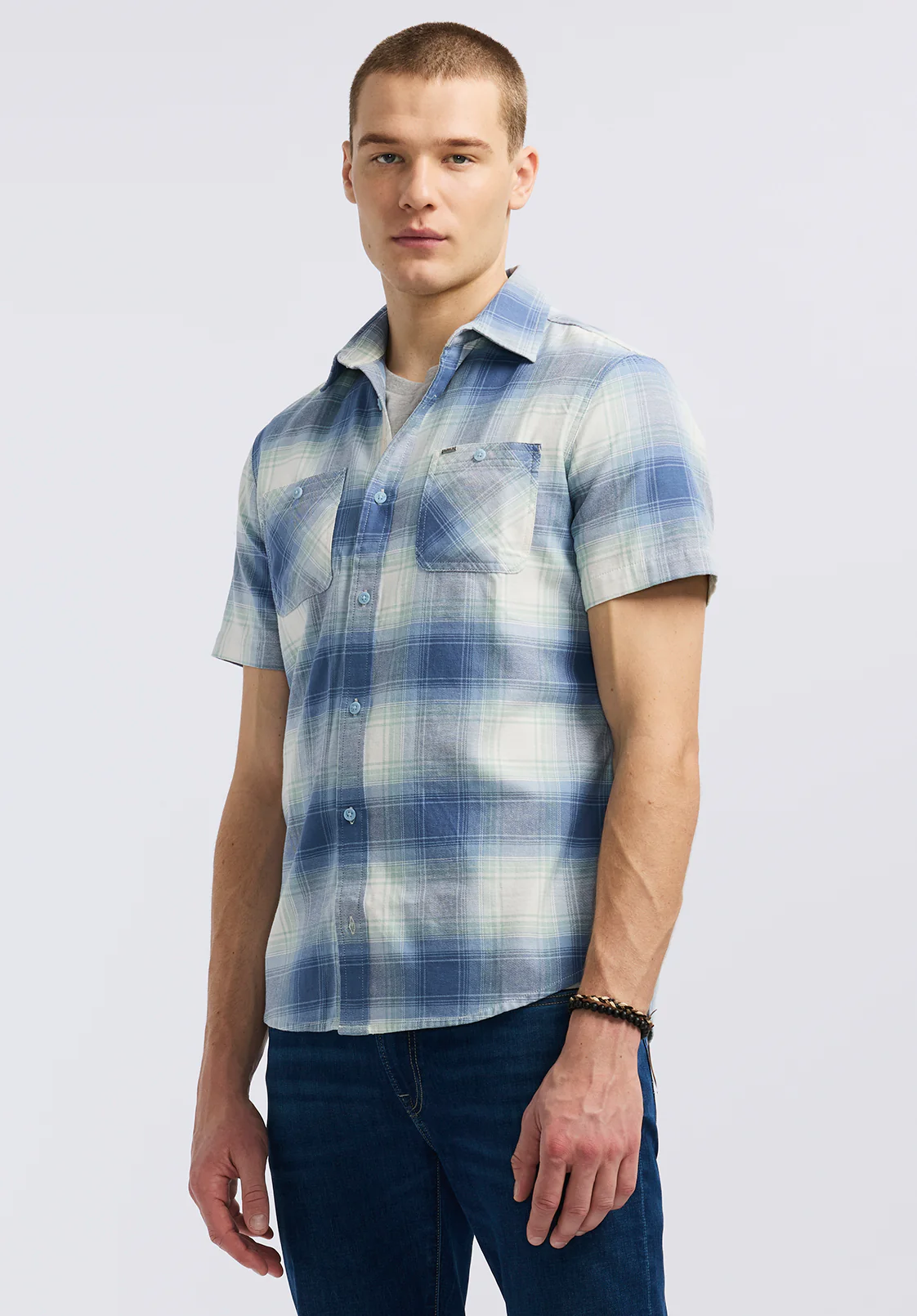 Sagrino Men's Short-Sleeve Plaid Fitted Shirt, Moonlight Blue - BM24618 - Image 3