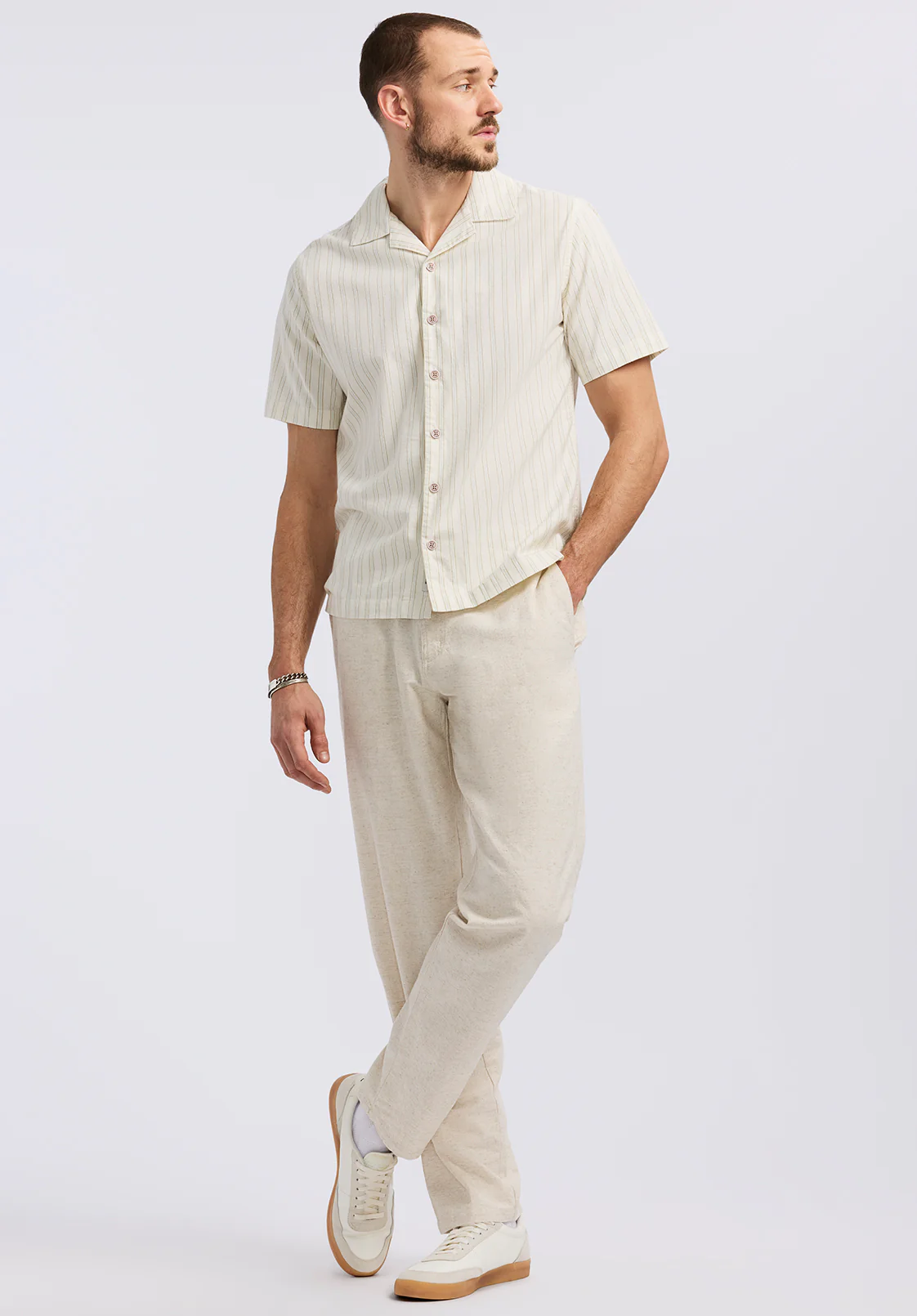 Salaman Men's Short-Sleeve Striped Camp Shirt, Green Olive - BM24619