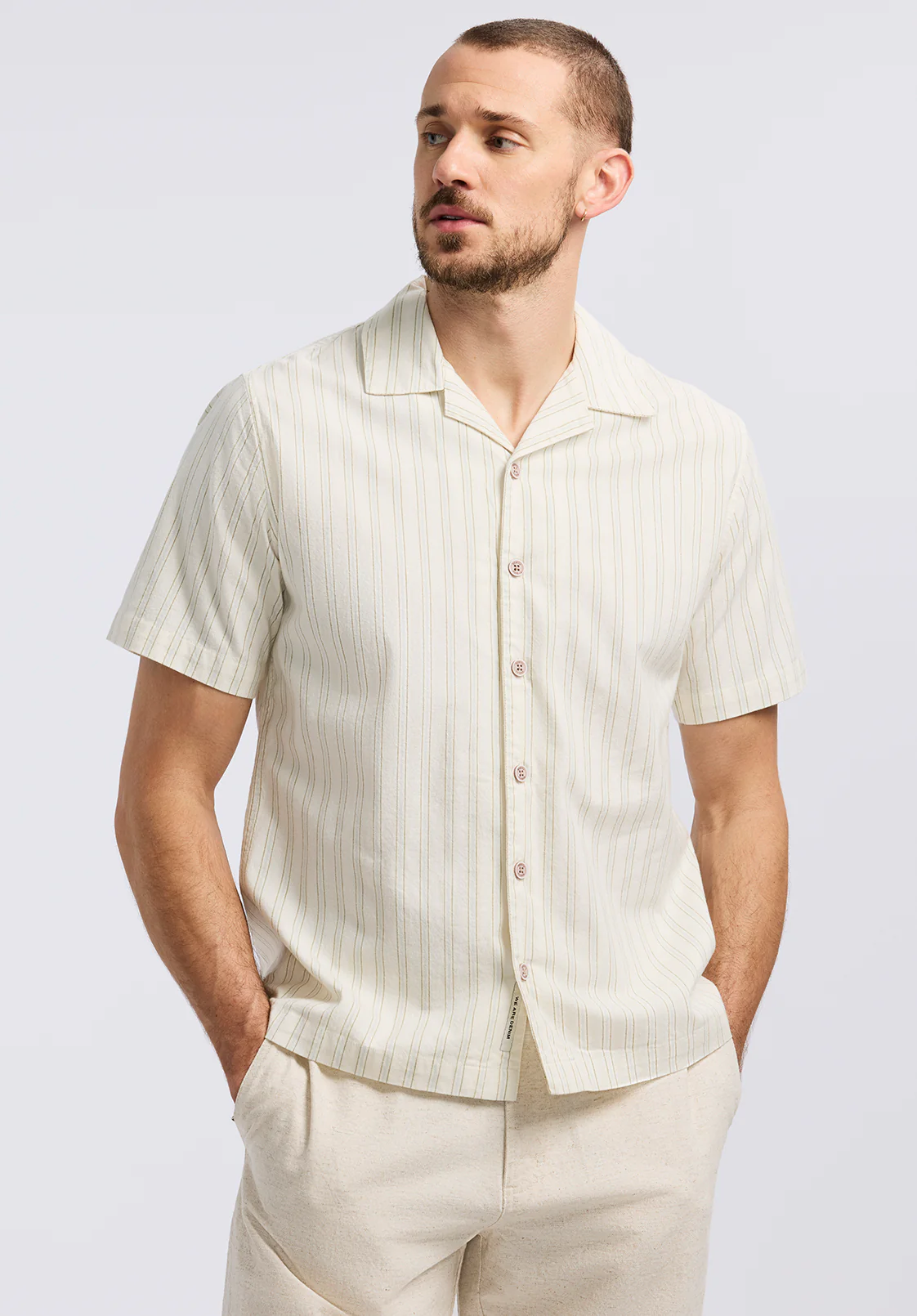 Salaman Men's Short-Sleeve Striped Camp Shirt, Green Olive - BM24619 - Image 2