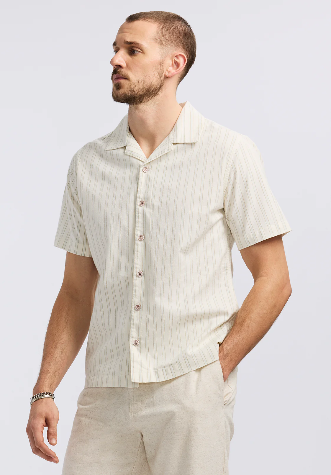 Salaman Men's Short-Sleeve Striped Camp Shirt, Green Olive - BM24619 - Image 3