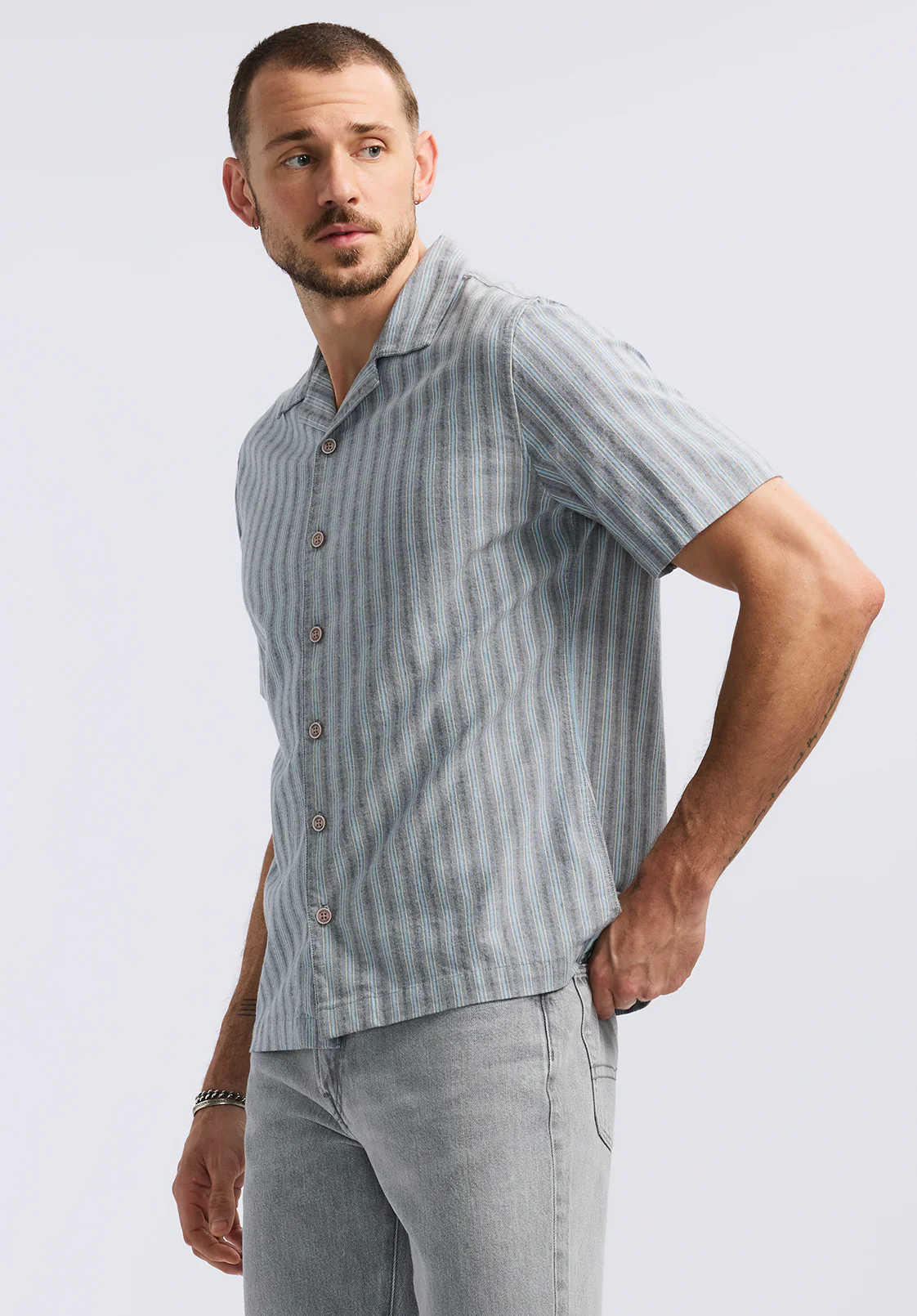 Salaman Men's Short-Sleeve Striped Camp Shirt, Whale - BM24619 - Image 2