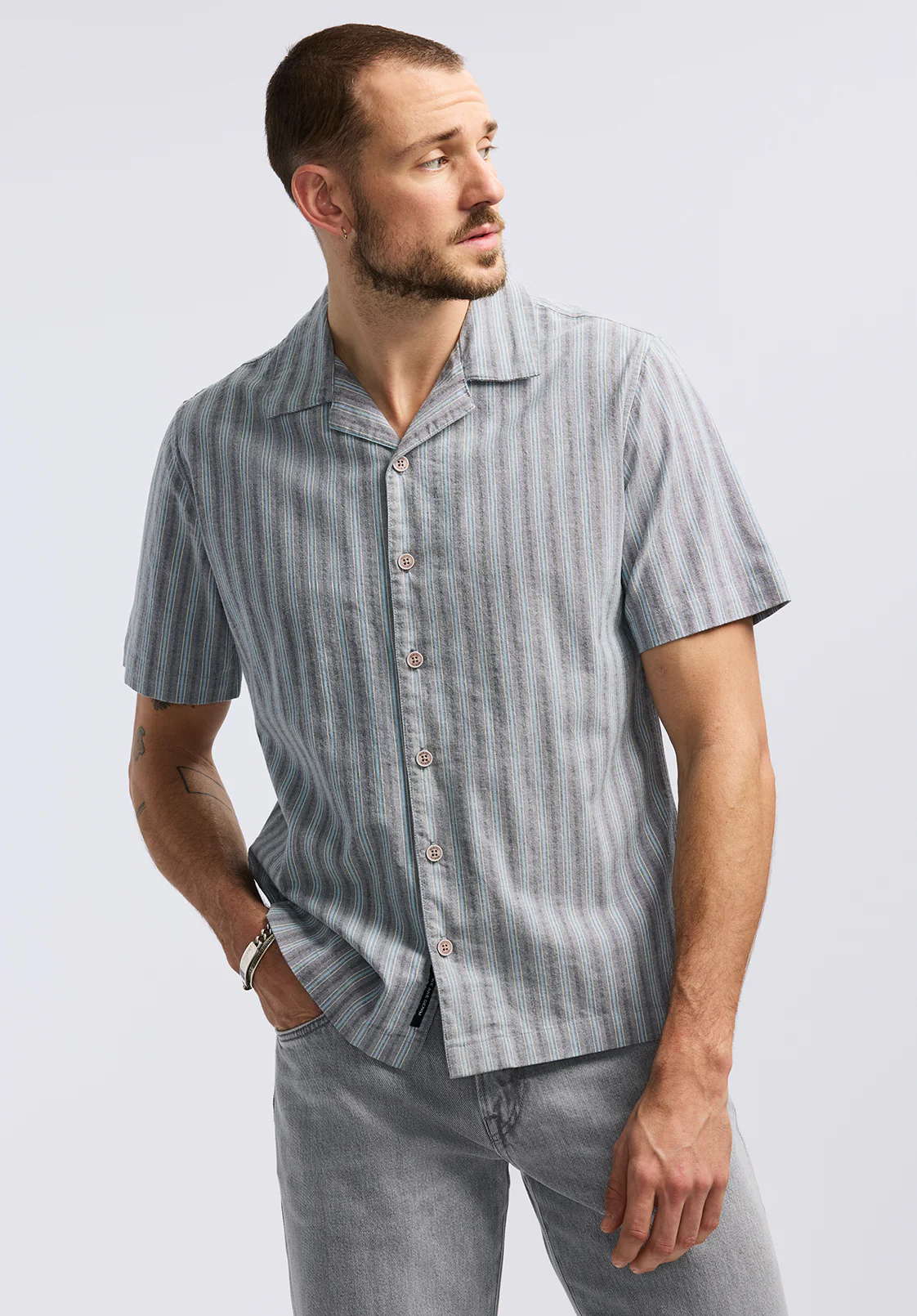 Salaman Men's Short-Sleeve Striped Camp Shirt, Whale - BM24619 - Image 3