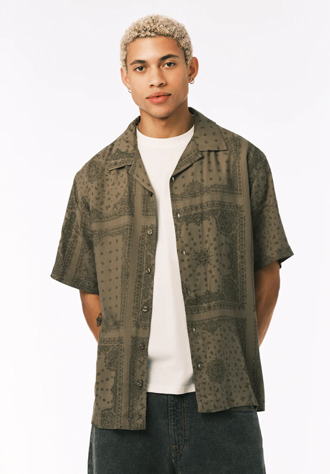 Sandro Men’s Printed Short Sleeve Camp Shirt, Army Green - BM24781 - Image 2
