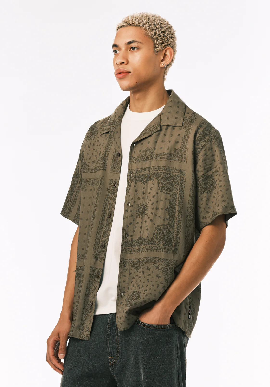 Sandro Men’s Printed Short Sleeve Camp Shirt, Army Green - BM24781 - Image 3