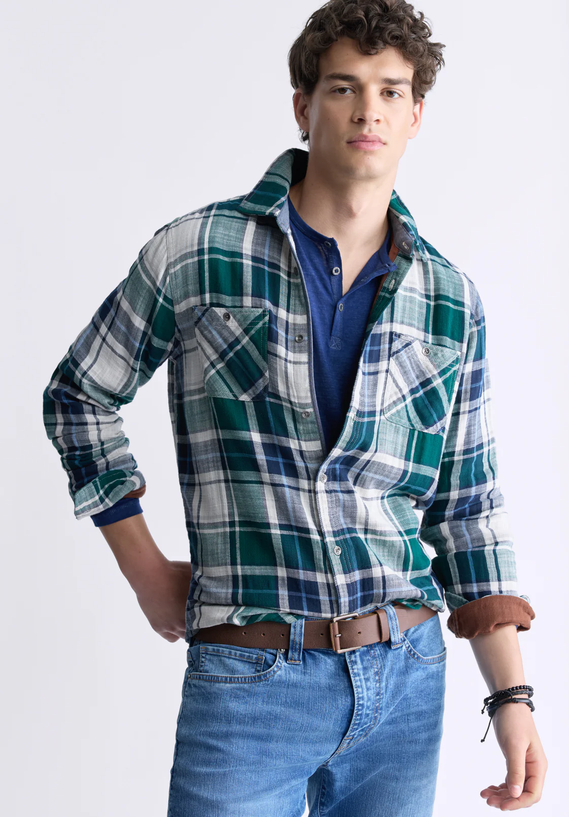 Saolo Men's Long-Sleeve Plaid Shirt, Forest Green - BM24425 - Image 3