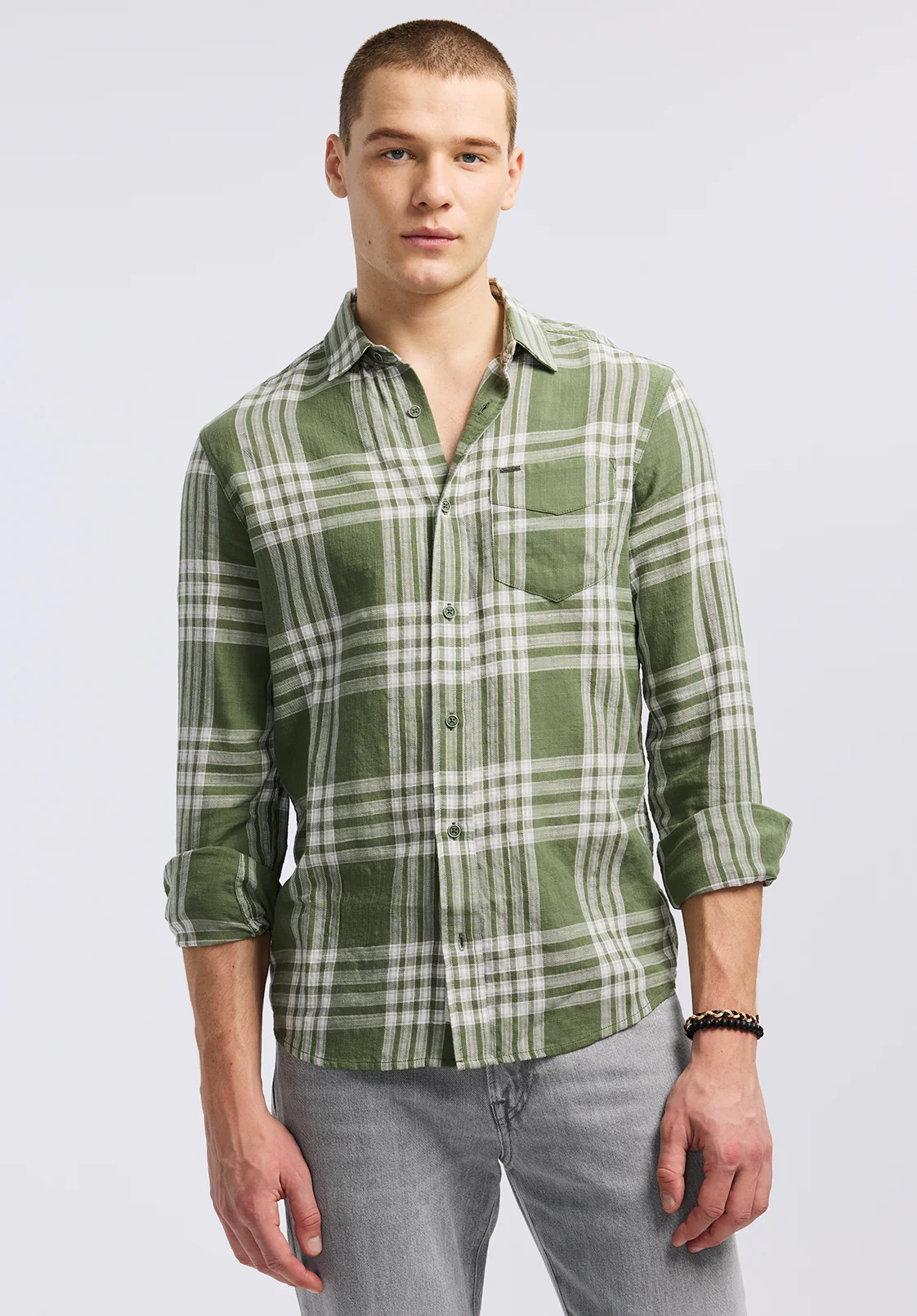 Saroz Men's Plaid Shirt, Hedge Green - BM24616 - Image 2