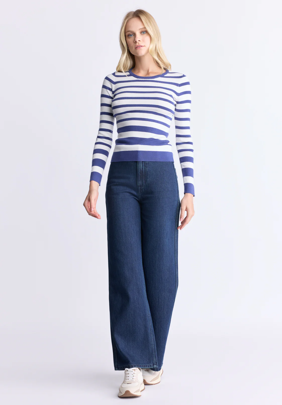 Scotlyn Women's Striped Long-Sleeve Sweater, White & Blue - SW0103H