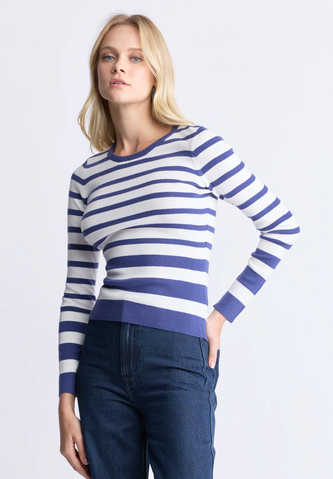 Scotlyn Women's Striped Long-Sleeve Sweater, White & Blue - SW0103H - Image 2