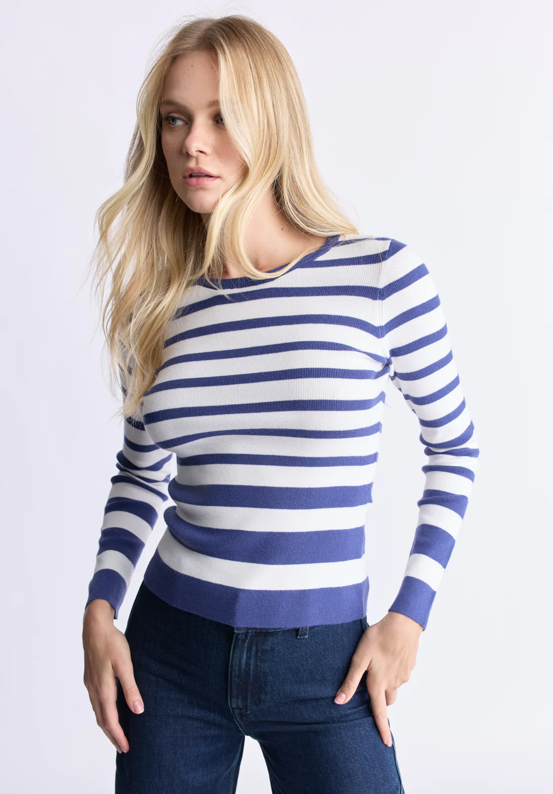 Scotlyn Women's Striped Long-Sleeve Sweater, White & Blue - SW0103H - Image 3
