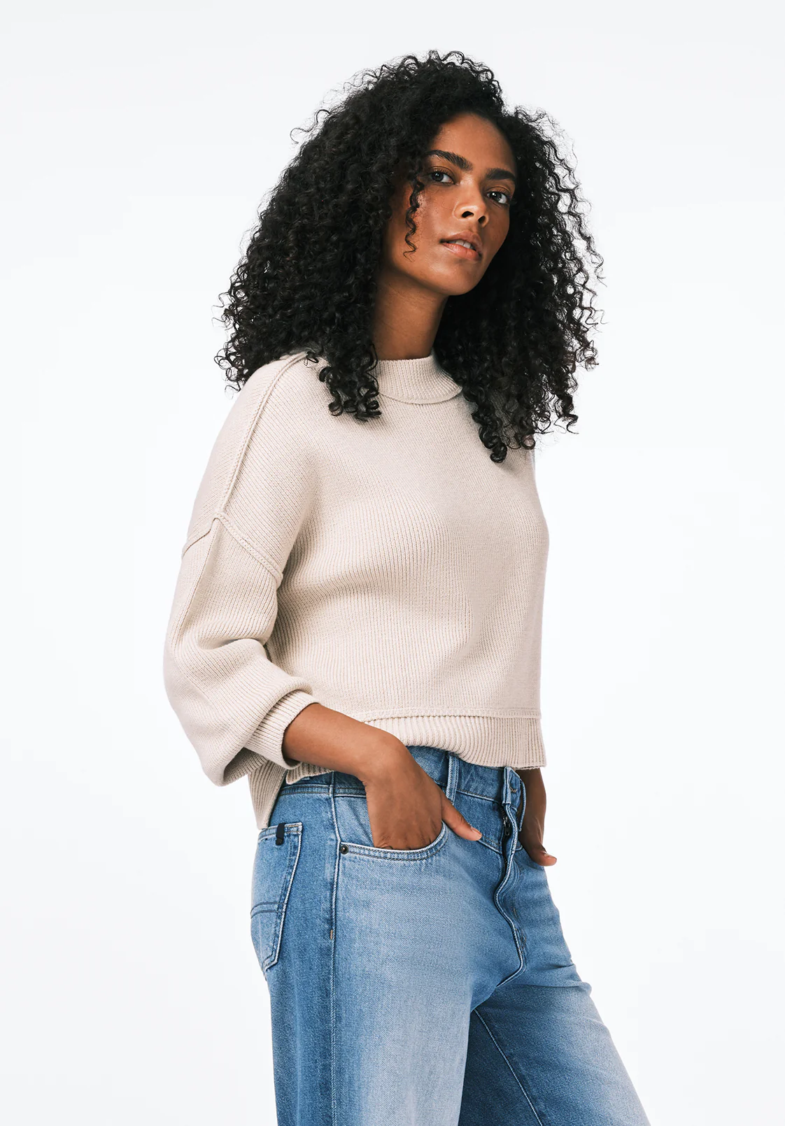Seema Women's Dropped Sleeve Loose-Fit Cropped Sweater, Oatmeal - SW0142 - Image 3