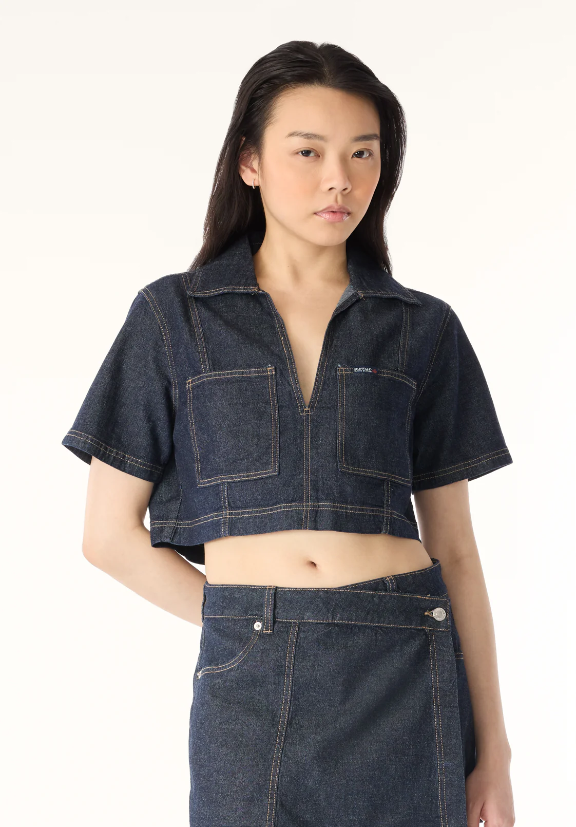 Selena Women's Denim Cropped Top with Patch Pockets, Indigo - BL16016 - Image 2