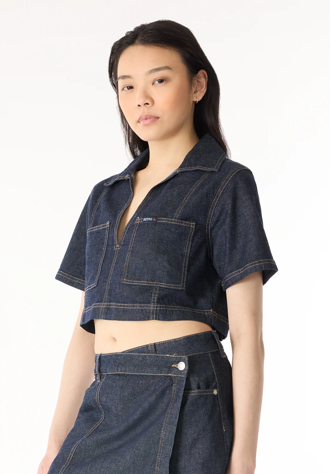 Selena Women's Denim Cropped Top with Patch Pockets, Indigo - BL16016 - Image 3