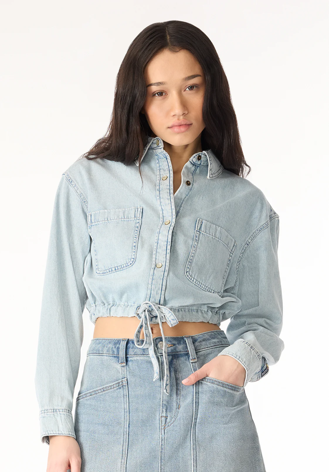 Serena Women's Long-Sleeve Cropped Denim Shirt, Bleached Down Blue - BL16021 - Image 2