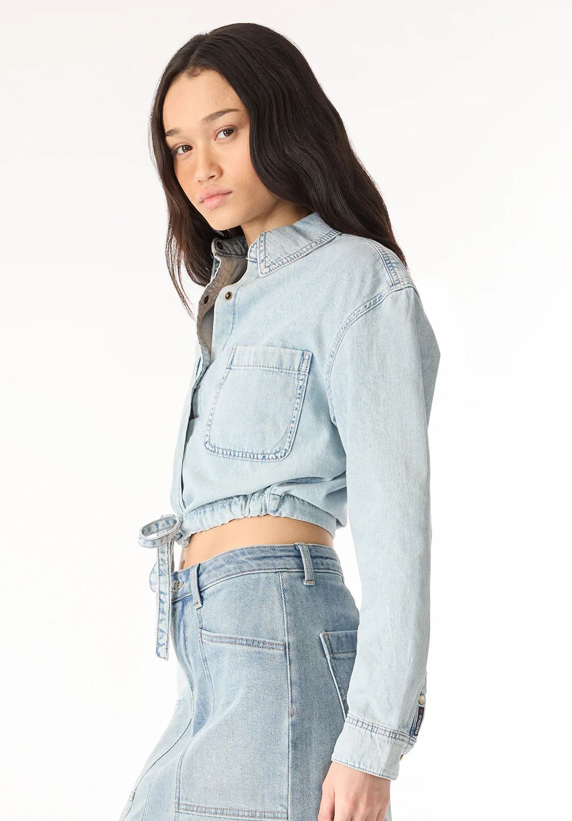 Serena Women's Long-Sleeve Cropped Denim Shirt, Bleached Down Blue - BL16021 - Image 3