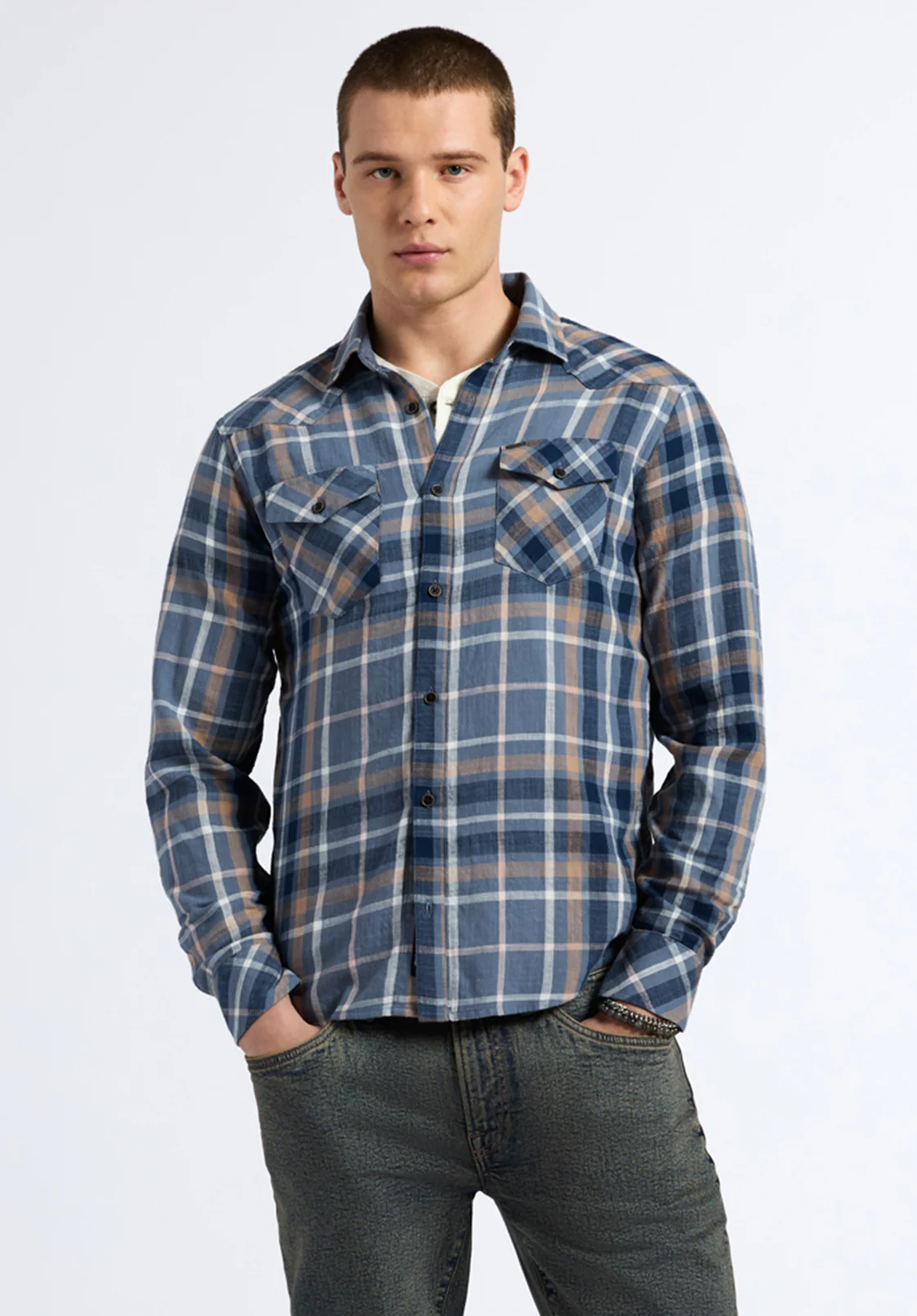 Sierra Men's Long-Sleeve Plaid Fitted Shirt, Moonlight Blue - BM24551 - Image 3
