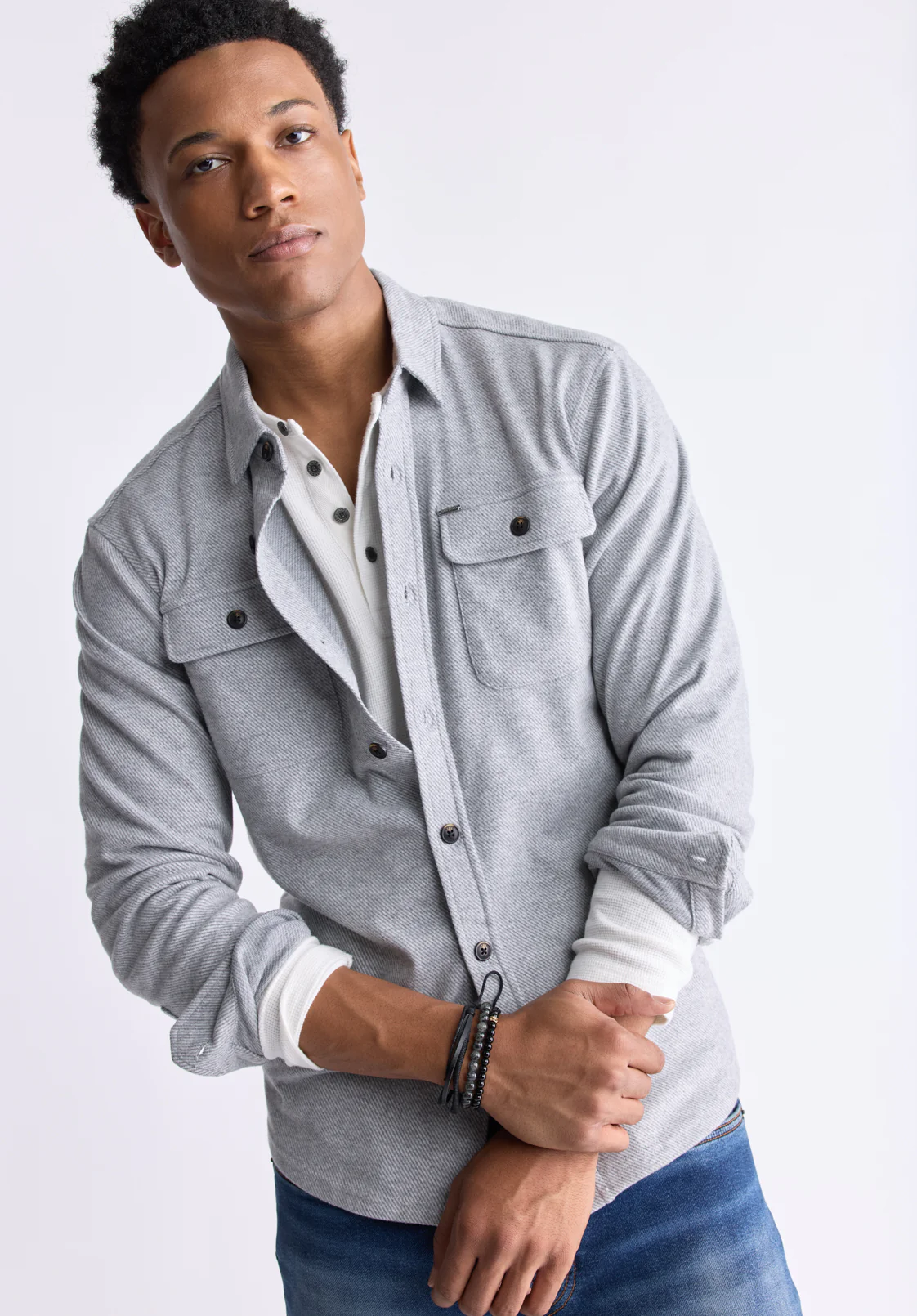 Sigge Men's Long-Sleeve Blanket Shirt with Chest Pockets, Light Grey - BM24460 - Image 2