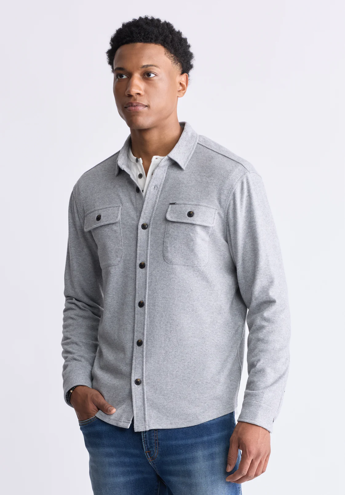 Sigge Men's Long-Sleeve Blanket Shirt with Chest Pockets, Light Grey - BM24460 - Image 3