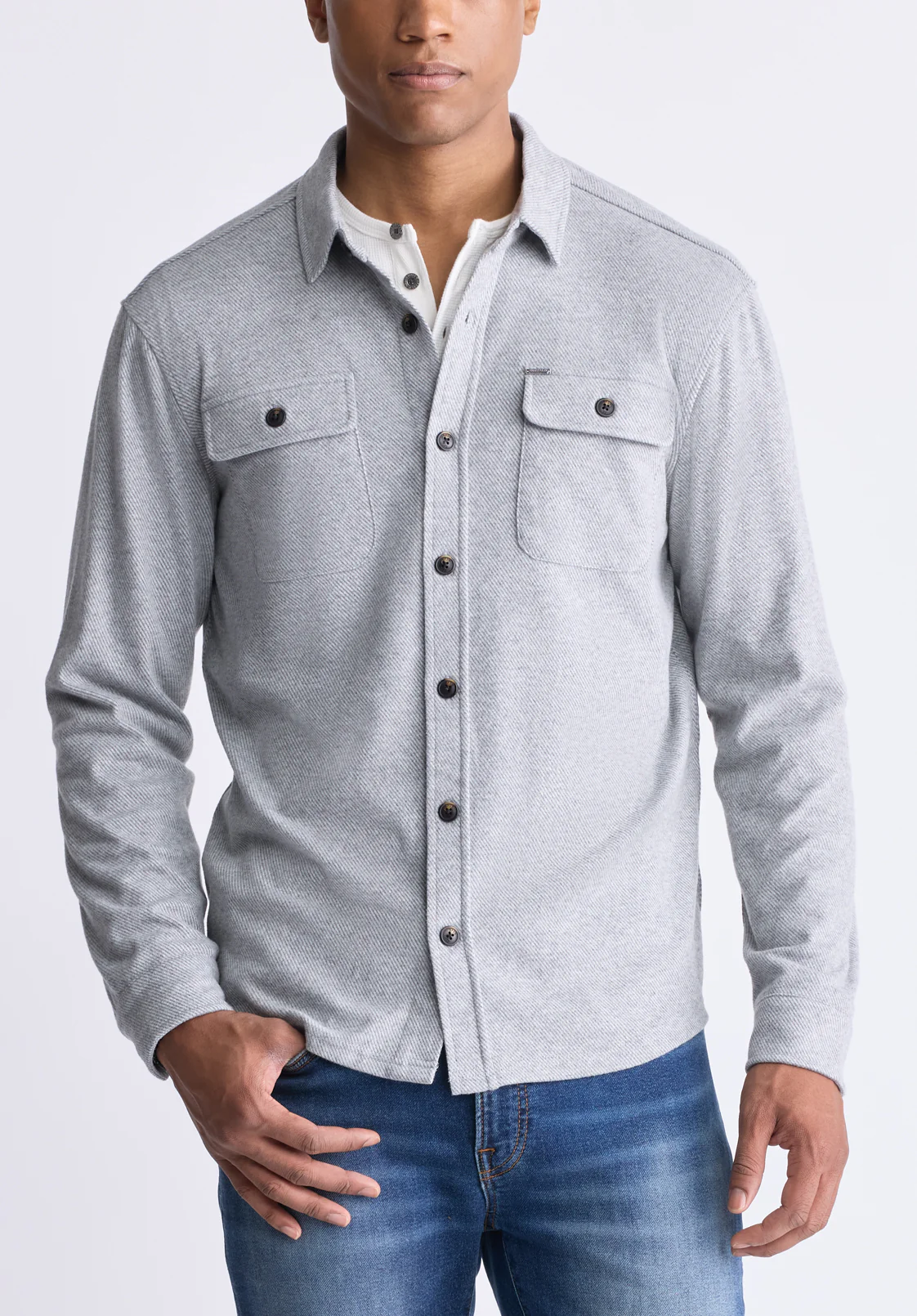 Sigge Men's Long-Sleeve Blanket Shirt with Chest Pockets, Light Grey - BM24460 - Image 4